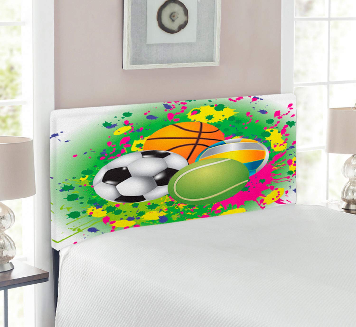 Ambesonne Sports Headboard - Vibrant Watercolor Sports Balls Design, Upholstered Metal Bed Frame with Memory Foam, Twin Size Multicolor - Perfect for Kids' Playroom, Teen Bedroom & Sports-Themed Decor
