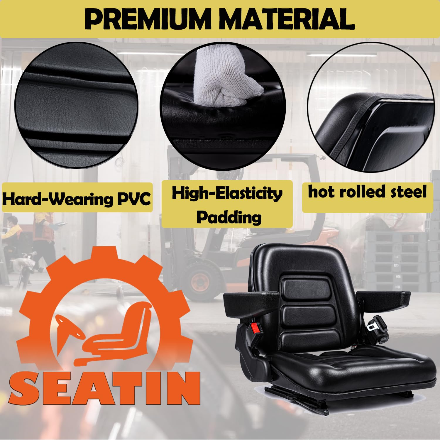 Universal Forklift Seat with Micro Switch, Armrest & Safety Belt - Heavy Duty Tractor Seat for Mower, Skid Loader, Telehandler, Backhoe, Excavator & Dozer - Ideal for Construction & Agricultural Equipment Comfort