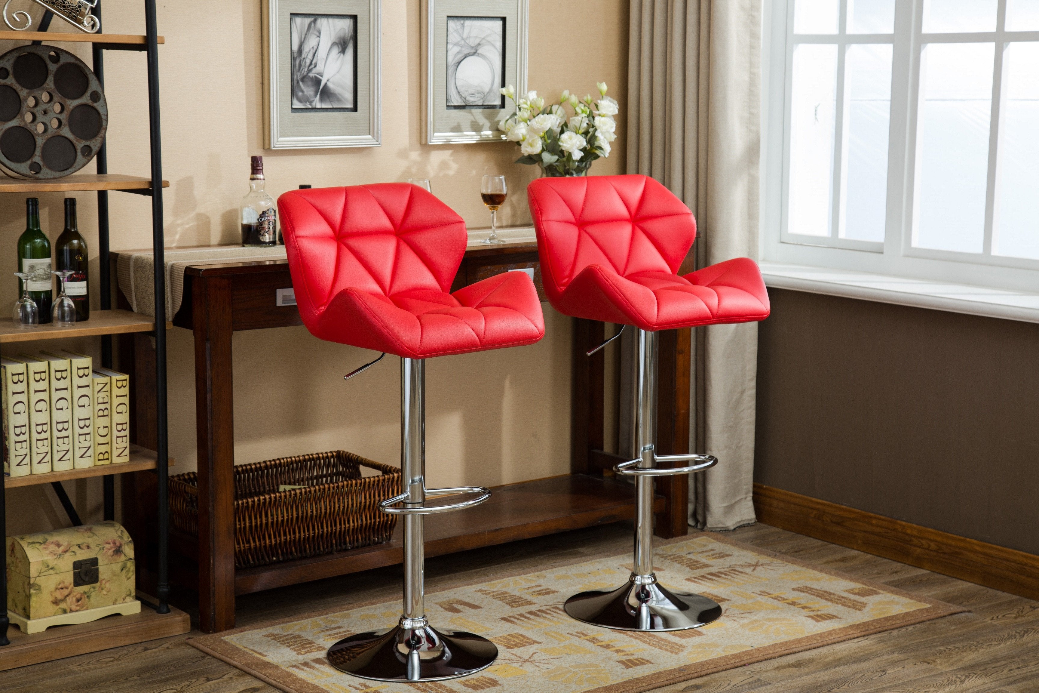 Roundhill Furniture Glasgow Contemporary Tufted Adjustable Hydraulic Bar Stools, Red, Set of 2 - Perfect for Kitchen Islands, Home Bars & Modern Dining Areas