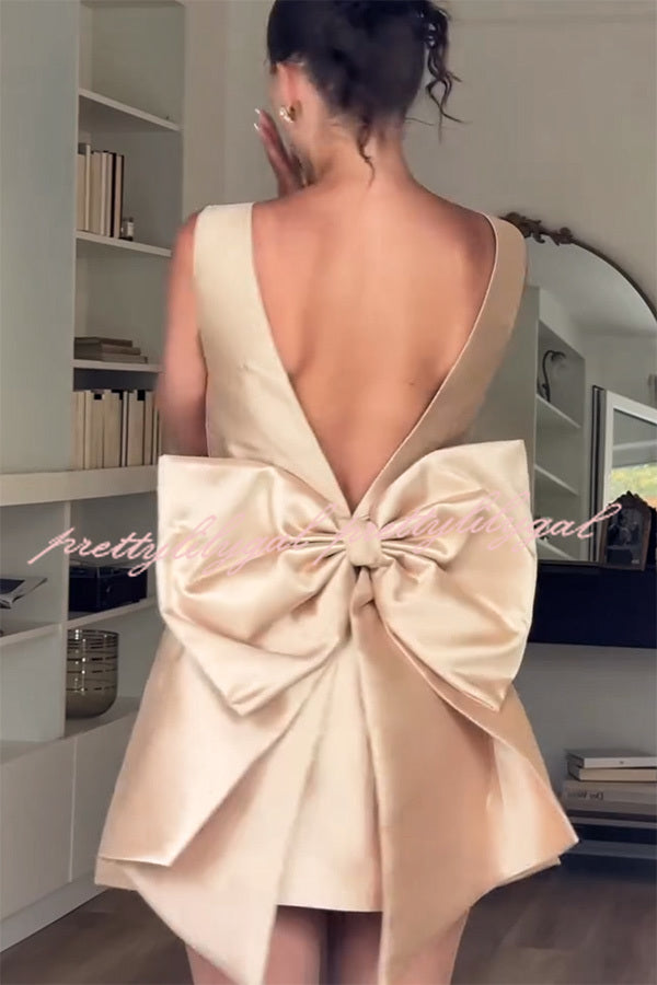 Ultimate Muse Satin Oversized Bow Detail Square Neck Mini Dress - Elegant Party & Cocktail Dress for Women, Perfect for Weddings, Date Nights & Special Occasions