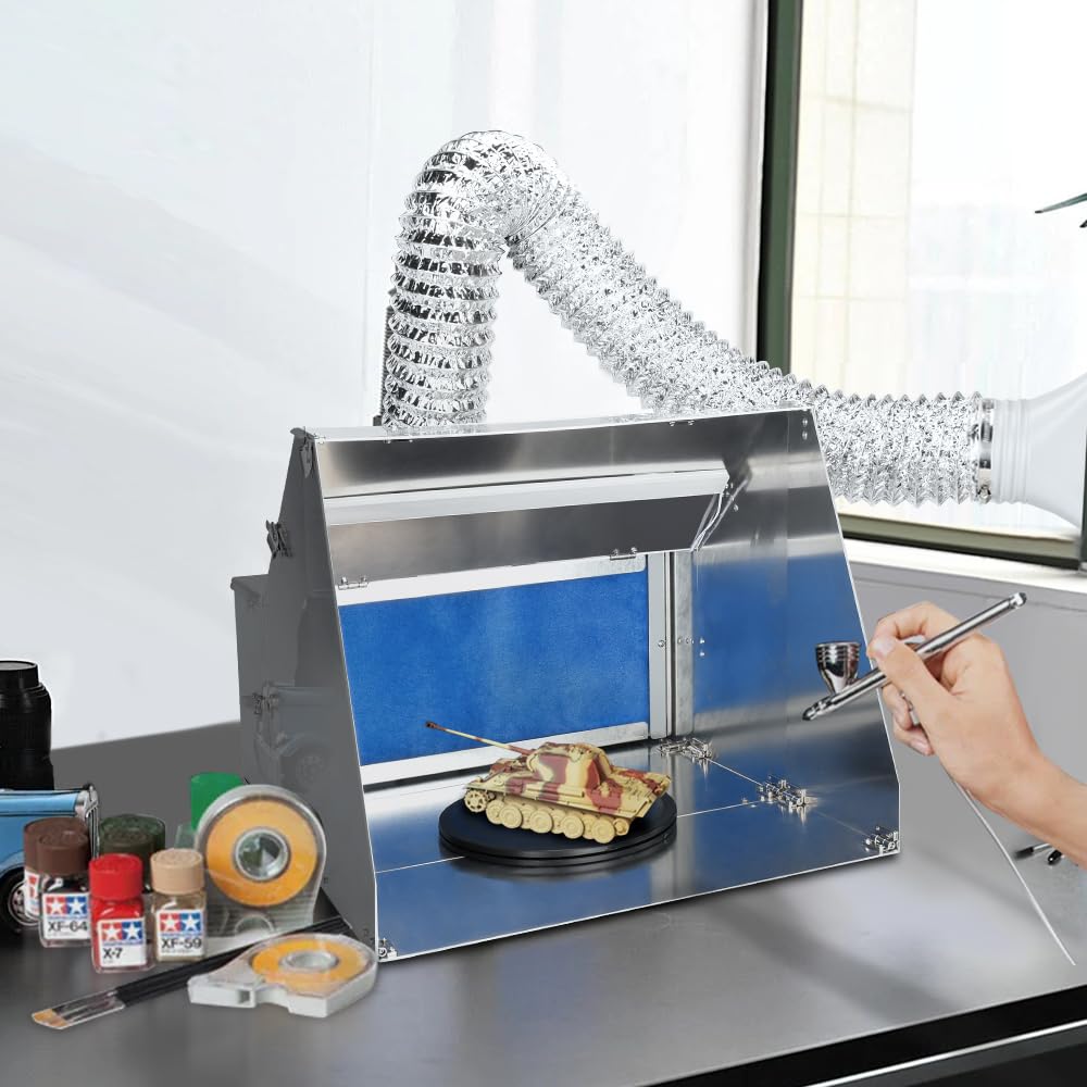 Portable Aluminum Airbrush Spray Booth with LED Light & Powerful Exhaust Fan - Includes Turntable & Extension Hose - Perfect for Model Painting, Craft Projects & Toy Customization (Silver) - Ideal for Hobbyists, Artists & DIY Enthusiasts