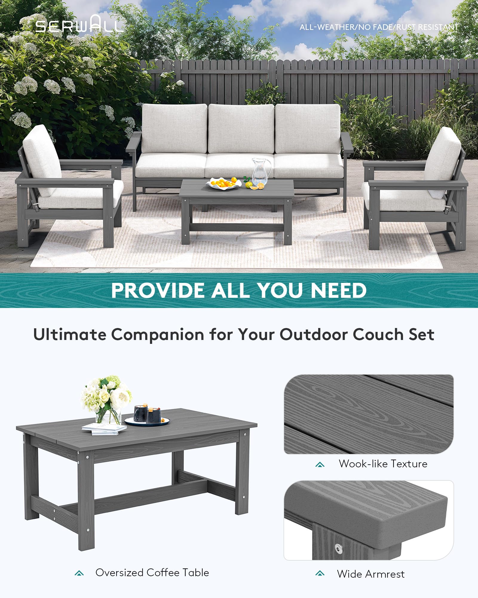 SERWALL 6-Piece HDPE All-Weather Outdoor Patio Furniture Set - Grey Sectional Couch with Cushions for Deck, Garden, Backyard & Poolside Relaxation | Durable Conversation Set for Lawn, Porch & Outdoor Living Spaces