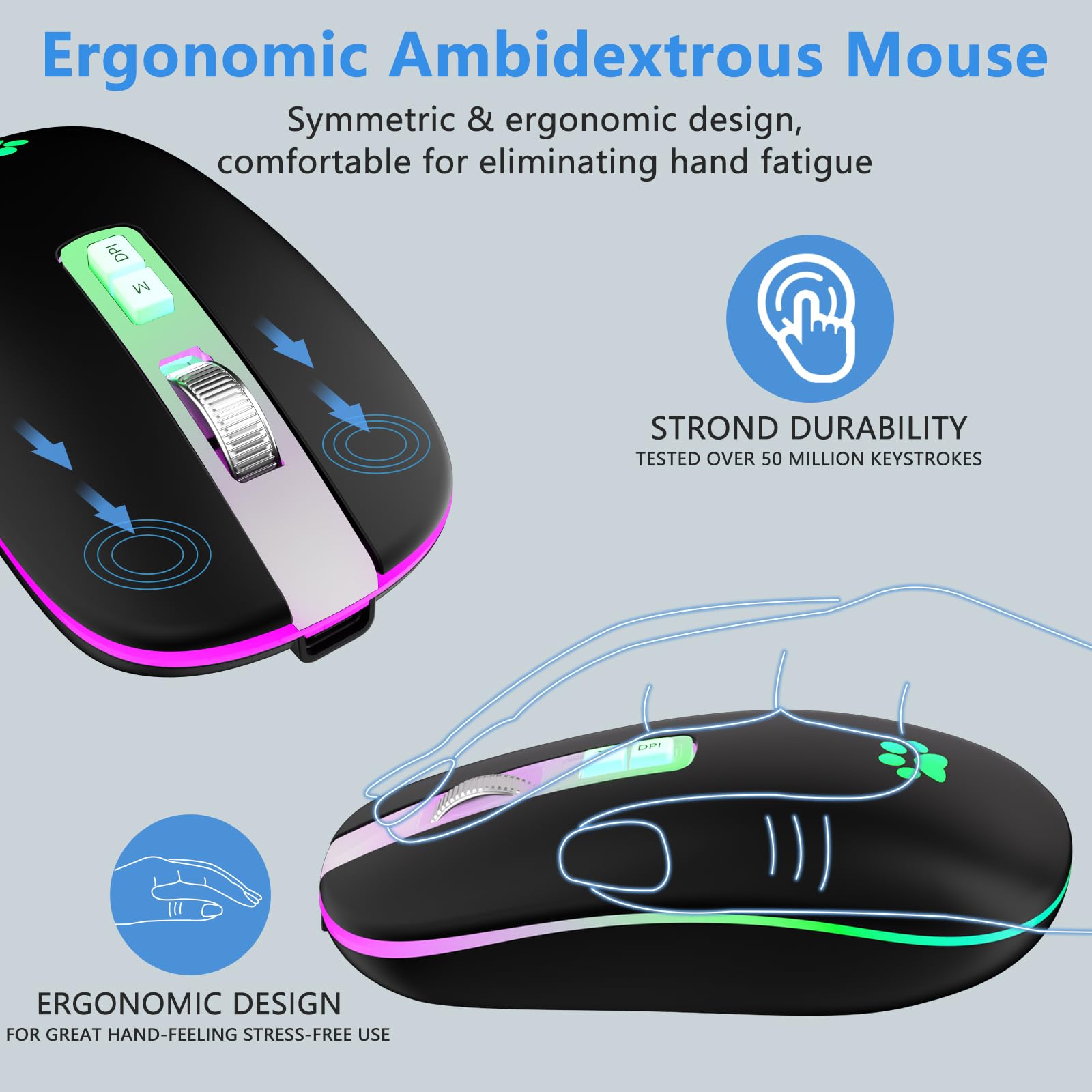 KARFUN Wireless Mouse - Slim Rechargeable 2.4G LED Backlit Mouse for Laptop, PC, MacBook, iPad, Chromebook, Notebook | Perfect for Office, Home, and Travel Use (Black with Transparent Nose)