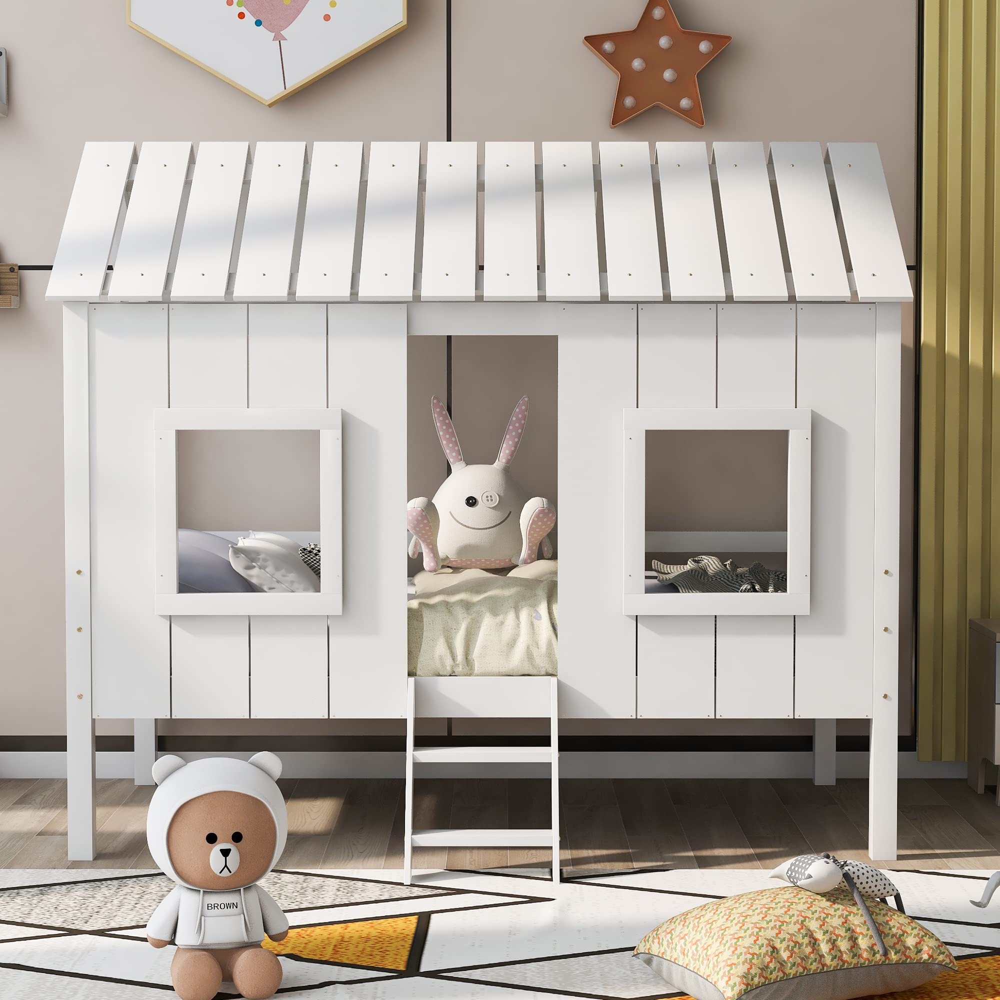 Wooden Twin Size Low Loft Bed with Roof & Windows - Kids Cabin House Bed for Boys & Girls, No Box Spring Needed, Perfect for Small Bedrooms & Play Areas (White)
