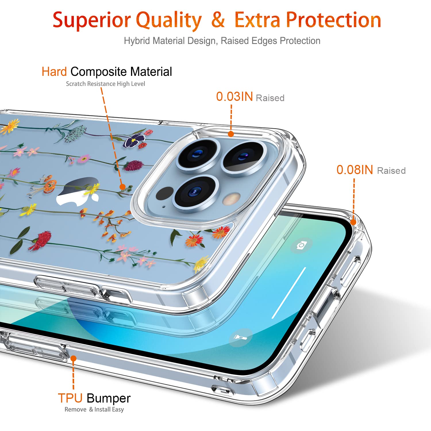 GiiKa iPhone 13 Pro Case with Screen Protector - 6.1 Inch Clear Shockproof Full Body Protective Case for Women | Floral Design Hard Case with TPU Bumper Cover | Perfect for Everyday Use, Travel & Outdoor Activities