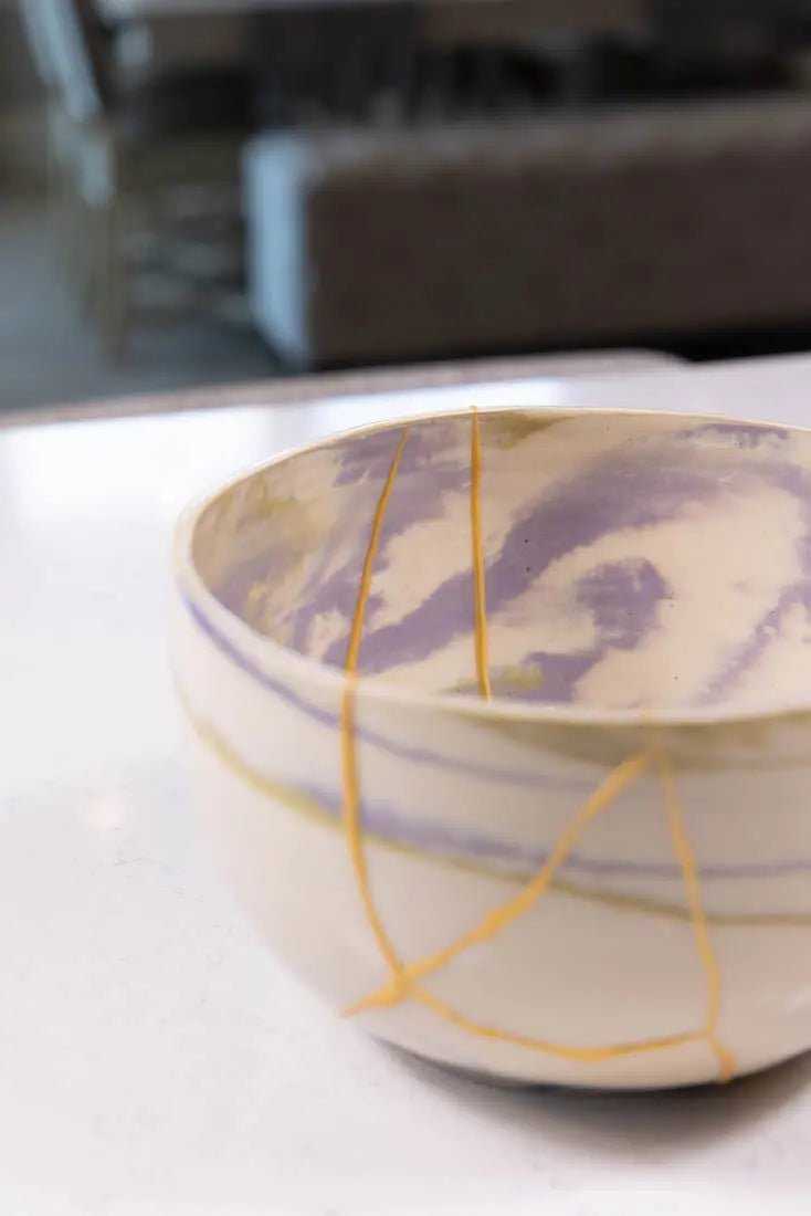Kintsugi Stoneware Bowl - Medium Large Purple, Gold & White Ceramic Bowl for Dining & Serving | Big Bowl Series | Perfect for Home Decor, Gifts & Japanese Style Tableware
