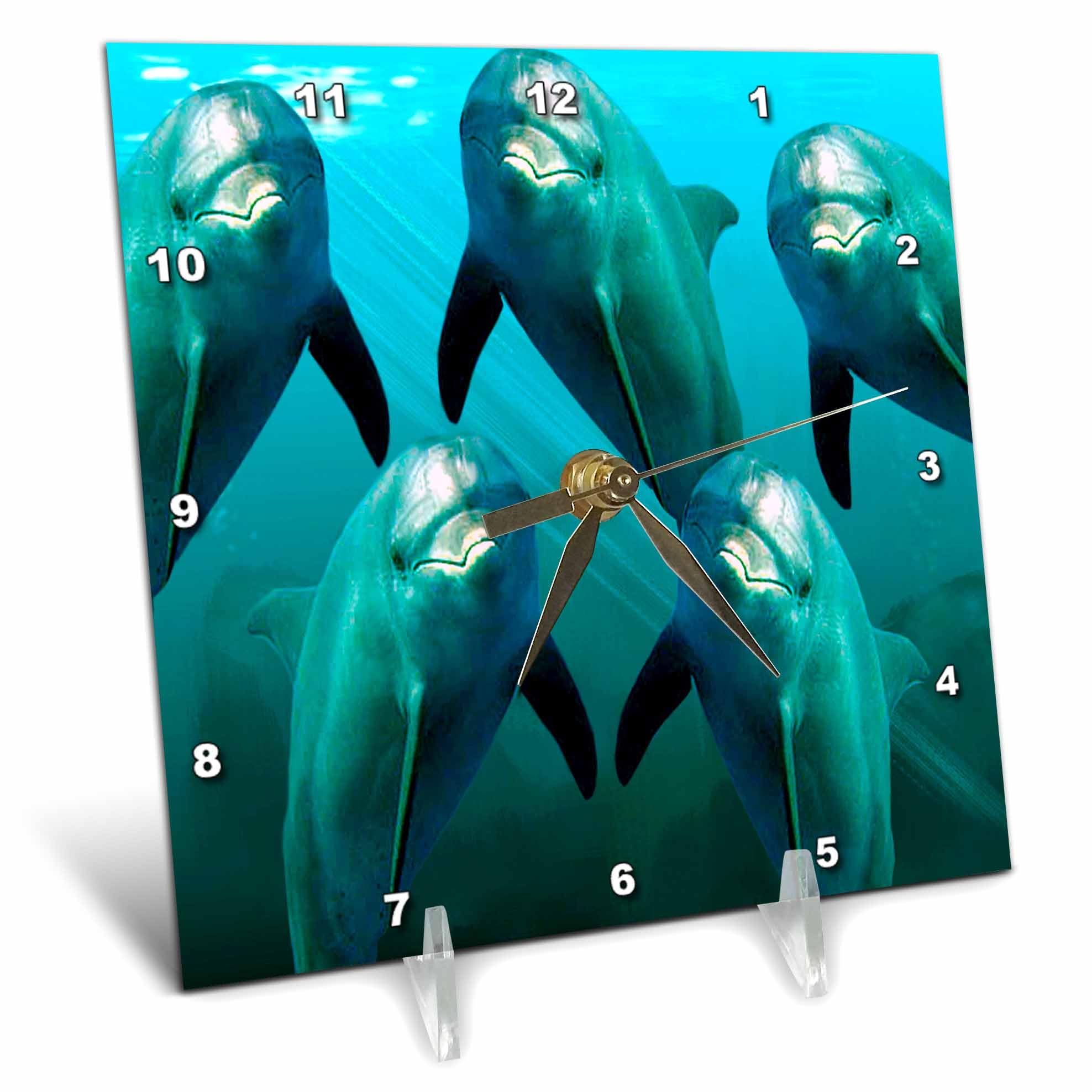 3Drose Curious Dolphins Desk Clock - 6 x 6 Inch Cute Ocean Animal Wall or Table Clock - Perfect for Kids Room, Office Decor & Marine Theme Gifts