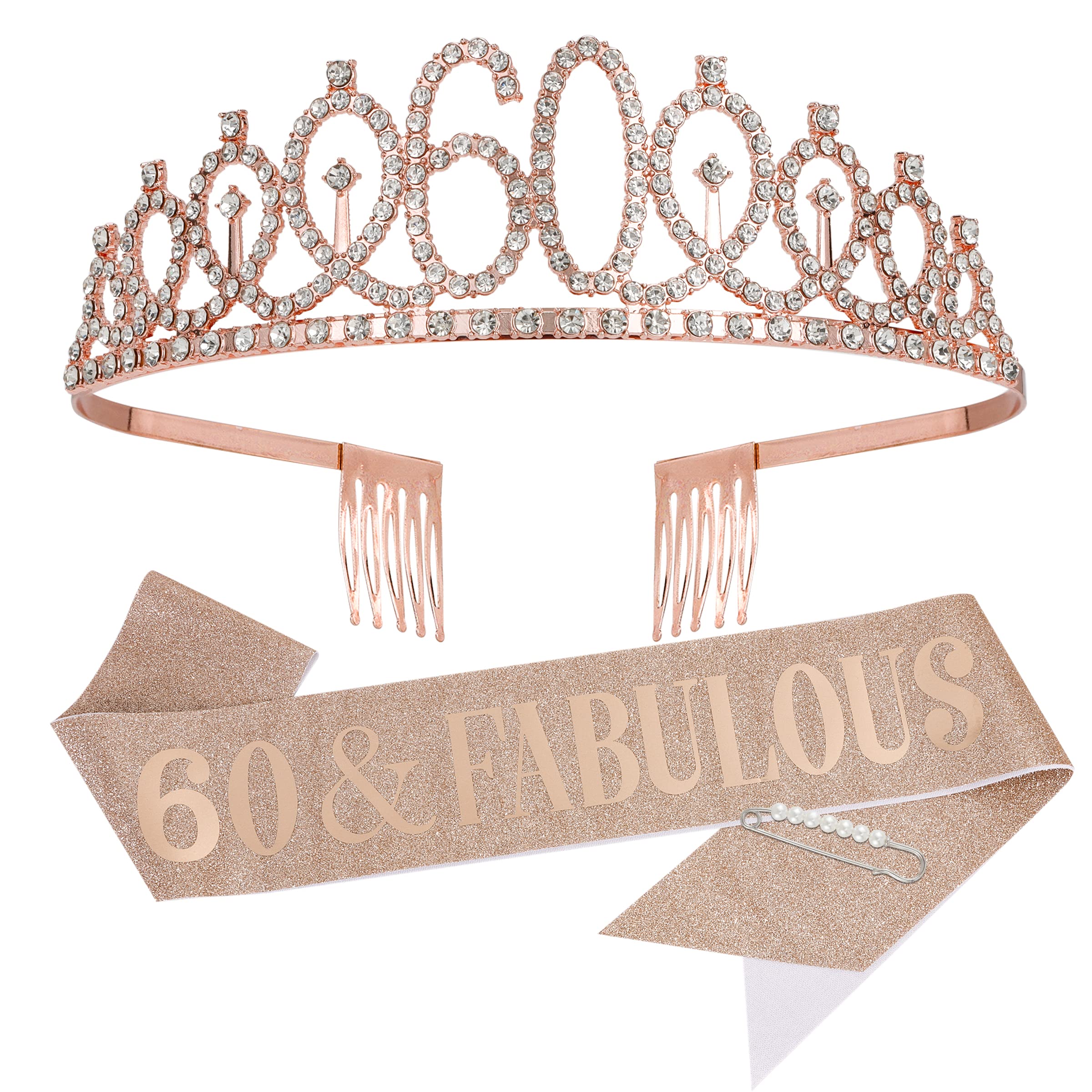 60th Birthday Sash & Tiara Set - Rose Gold Crown for Women's Milestone Celebration | Perfect 60th Birthday Gift & Party Decorations | Great for Birthday Parties, Retirement Celebrations & Special Occasions