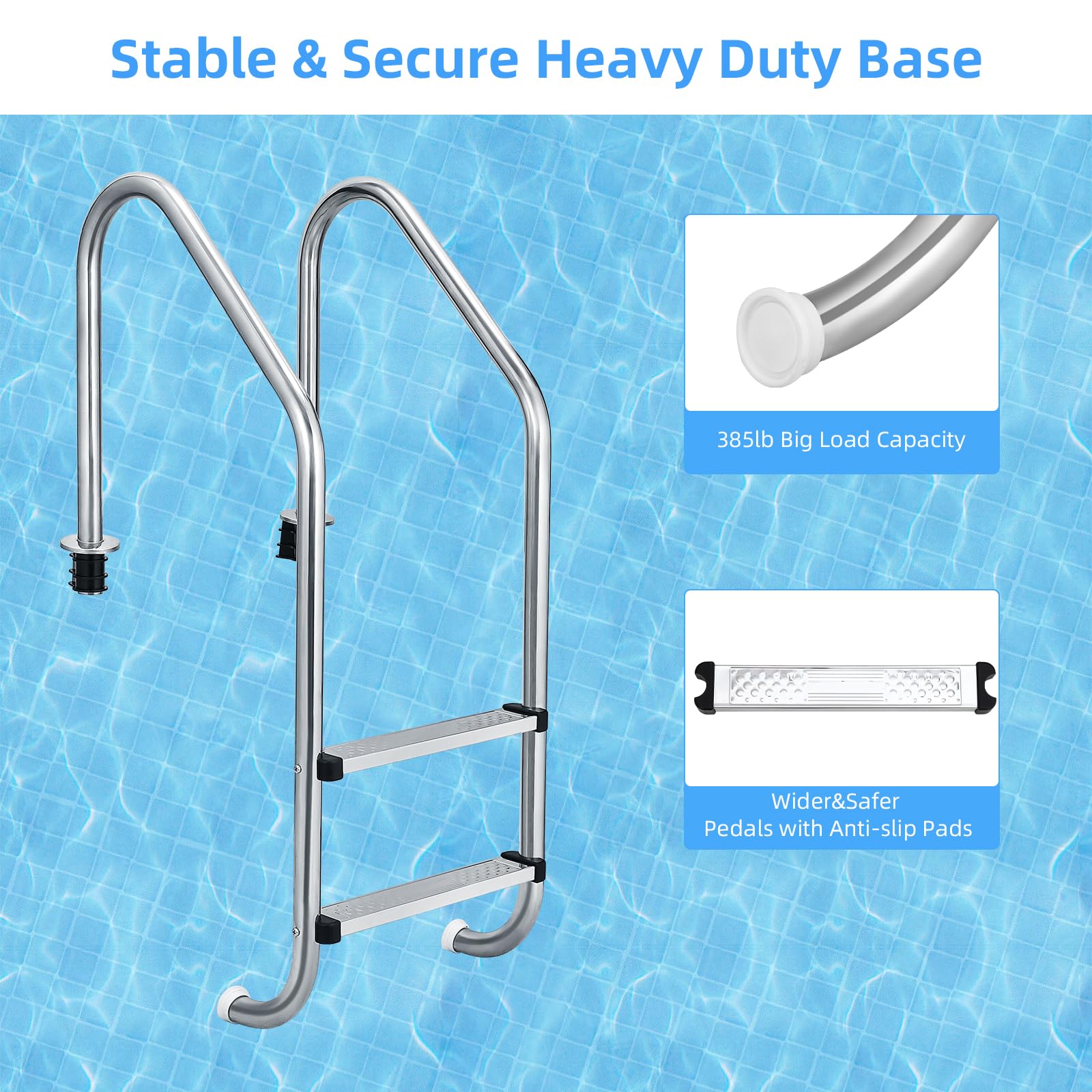 **304 Stainless Steel Heavy Duty Pool Ladder – 2-Step Above Ground Swimming Pool Entry System with Handrails & Non-Slip Pedals – Perfect for Inground & Above Ground Pools, Backyard Safety & Easy Pool Access**