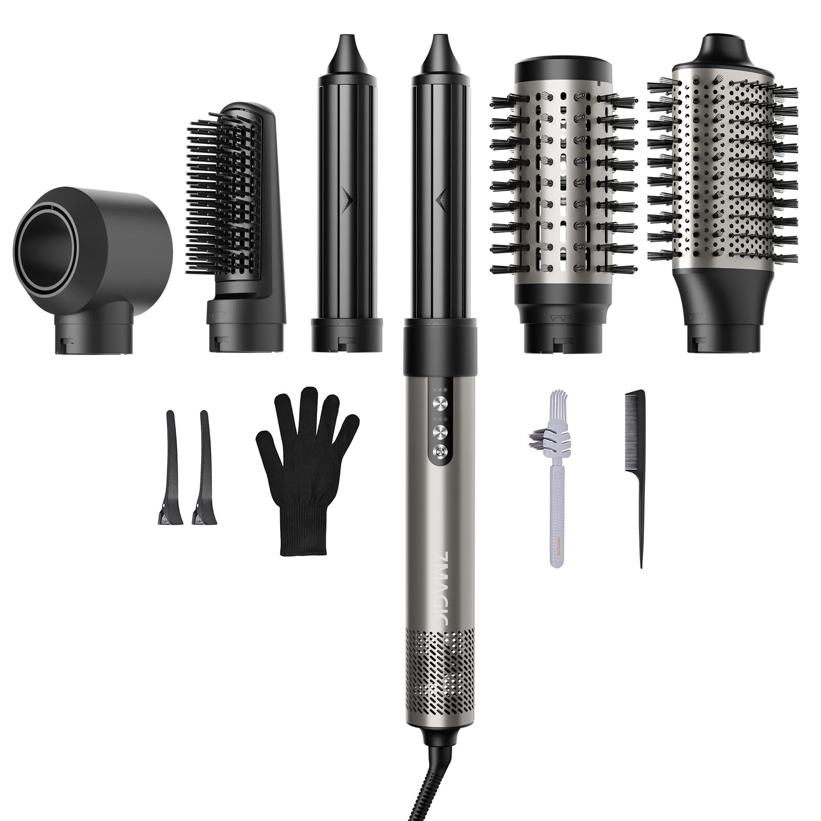 7MAGIC 1200W Ionic Hair Dryer Brush & 6-in-1 Styler - Silver (110V) for Fast Drying, Straight, Wavy, Curly & Coily Hair - Perfect for Home, Salon & Travel Use