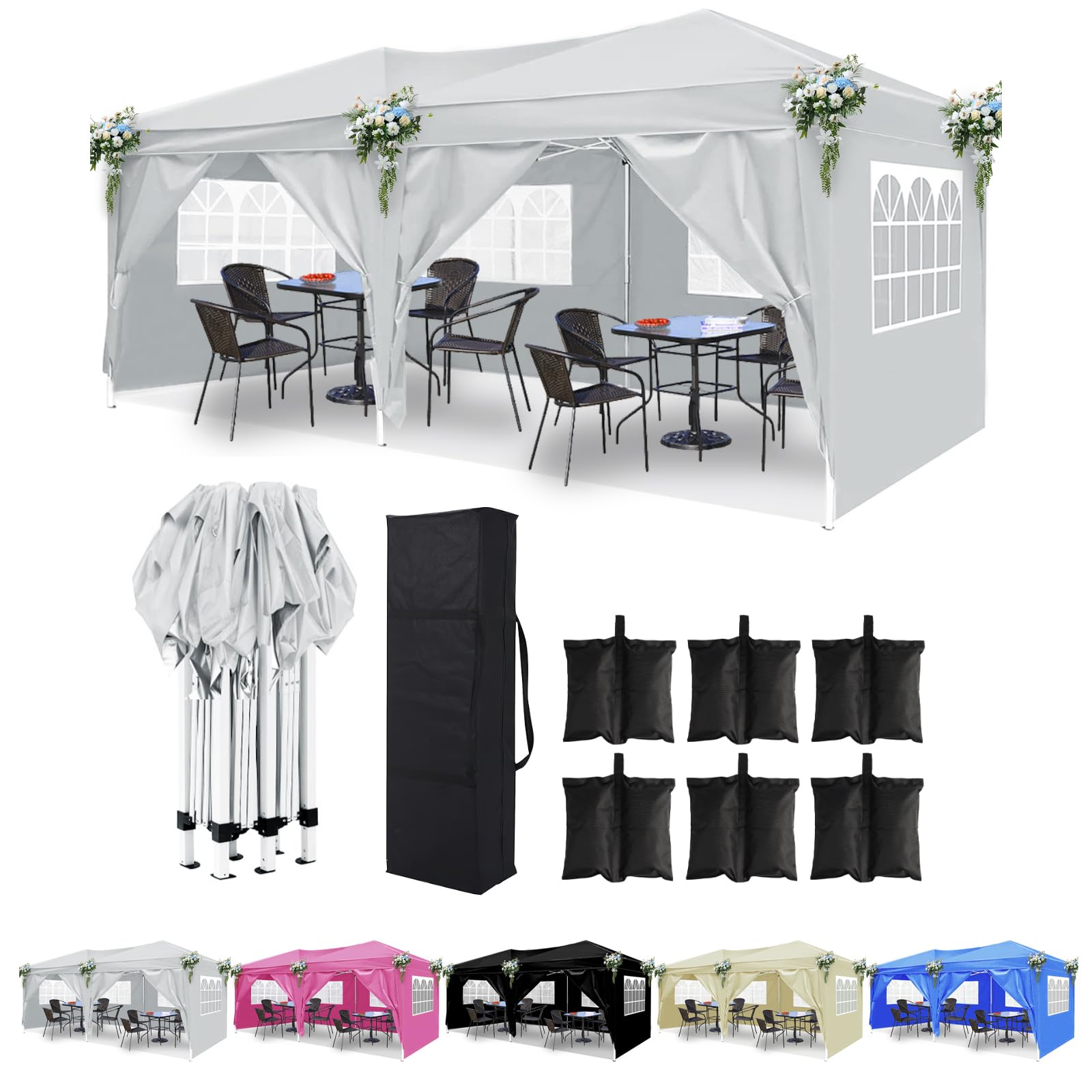 SEALAMB 10x20FT Heavy Duty Commercial Canopy Tent - Waterproof Instant Pop Up Gazebo with 6 Removable Sidewalls & Carry Bag - Perfect for Outdoor Events, Camping, Weddings, Parties, and Patio Gatherings