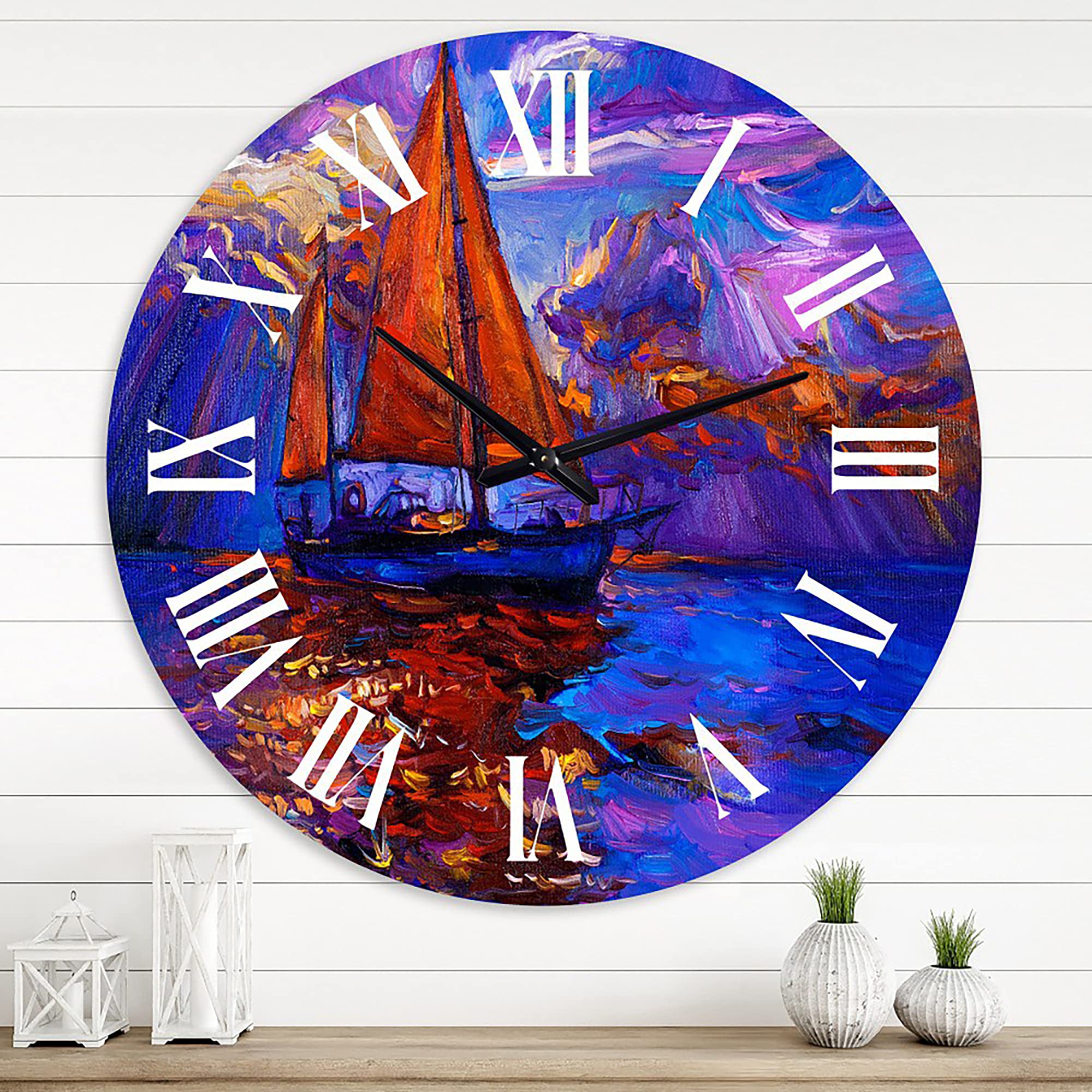 DesignQ Nautical Coastal Wall Clock - Red Sail Ship on Purple Sunset, 12 Inch Round Blue Wall Clock for Living Room, Bedroom, Office Decor | Perfect for Beach House, Coastal Theme & Home Interior Design