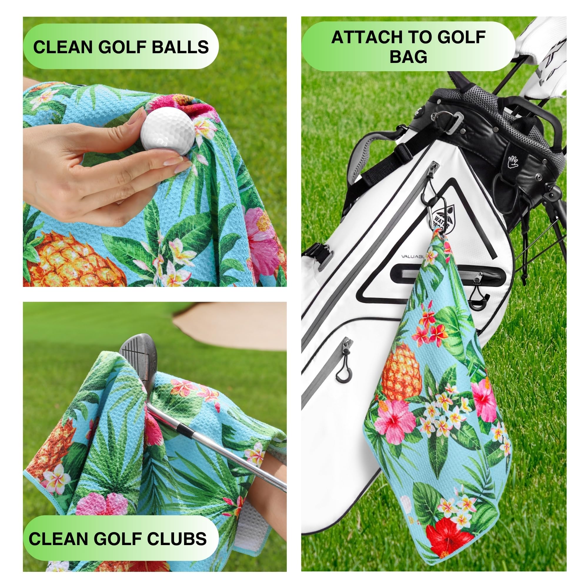 Premium Golf Towel Set of 2 - Microfiber Waffle & Ball Towels for Golf Bags - Tropical Pineapple Design - Ideal Golf Accessories for Men & Women - Perfect Golf Gift for Players - Great for Course Play, Practice & Club Cleaning