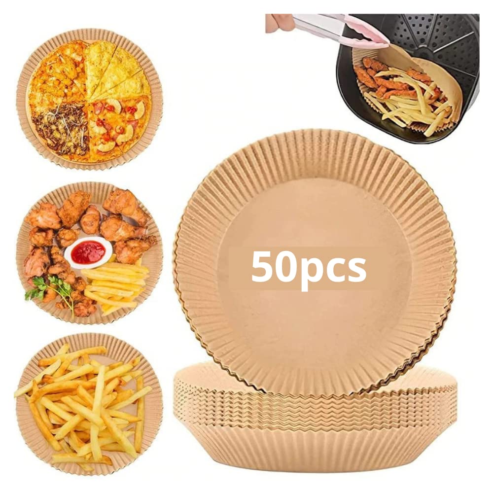 7.9'' Disposable Air Fryer Paper Liners - Round Microwave Safe Baking Sheets for Air Fryers (50 Pack) | Perfect for Easy Cleanup & Healthy Cooking