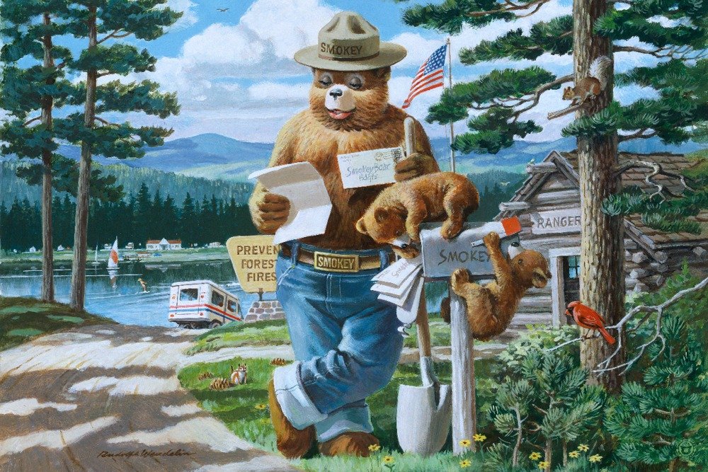 Vintage Smokey Bear Reading Mail at Mailbox Poster - 36x54 Inch Giclee Gallery Print, Travel Wall Decor for Home, Office & Cabin