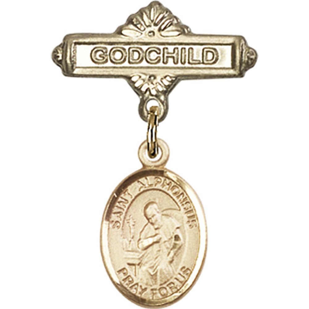 Gold Filled Baby Badge with St. Alphonsus Charm & Godchild Pin - 1 X 5/8 Inch Religious Jewelry - Perfect for Christenings, Baptisms & First Communion Gifts