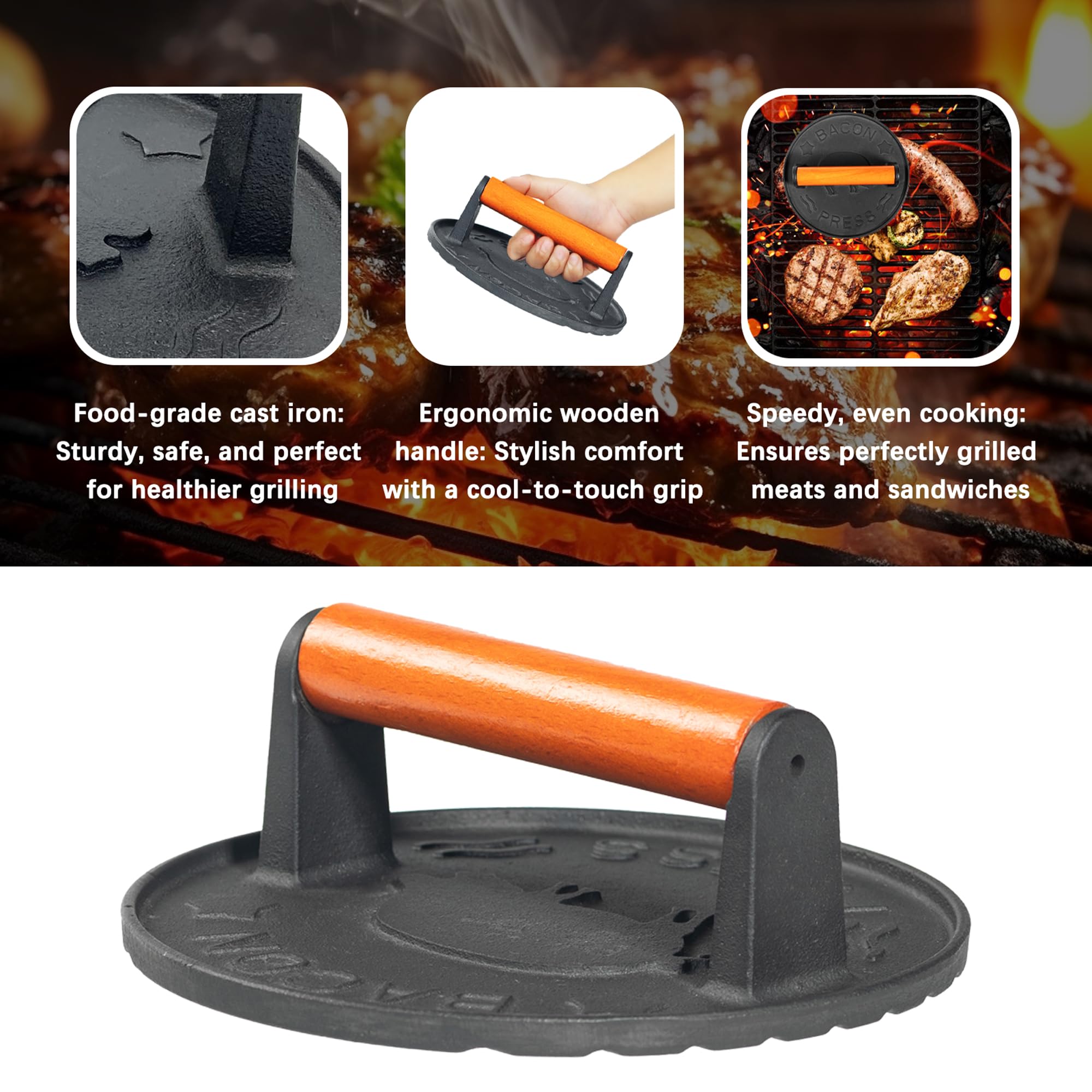 Vivicreate 7 Inch Cast Iron Burger Smasher with Wooden Handle - Heavy Duty Patty Press for Hamburgers, Bacon, and BBQ - Perfect for Grilling, Griddle Cooking, and Outdoor Barbecue Parties