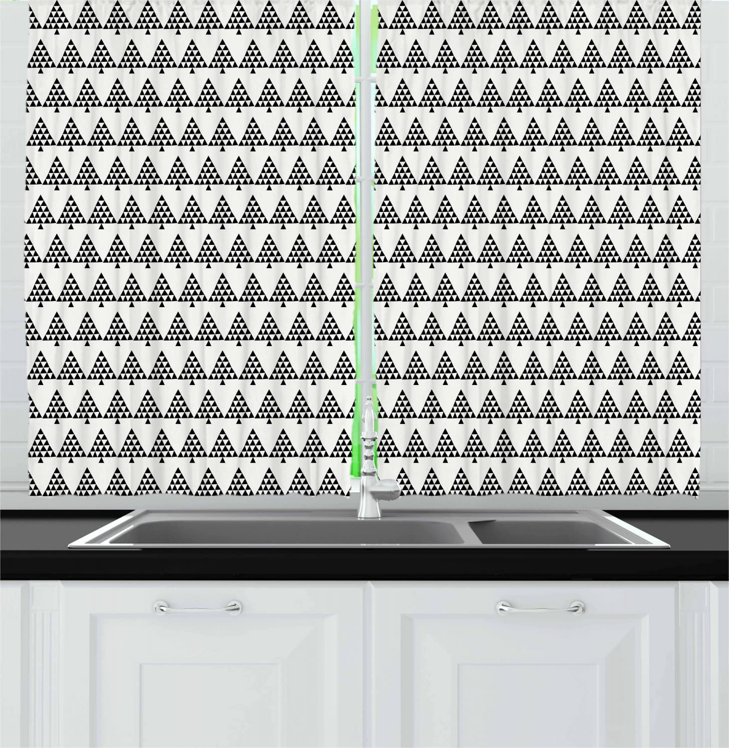 Ambesonne Christmas Tree Kitchen Curtains - Geometric Fir Trees Woodland Design, Northern Christmas Theme with Triangles, 2 Panel Drapes with Rod Pocket, 55 x 45 Inches, Black & Off White - Perfect for Holiday Home Decor, Winter Cabin, and Cozy Kitchen Windows