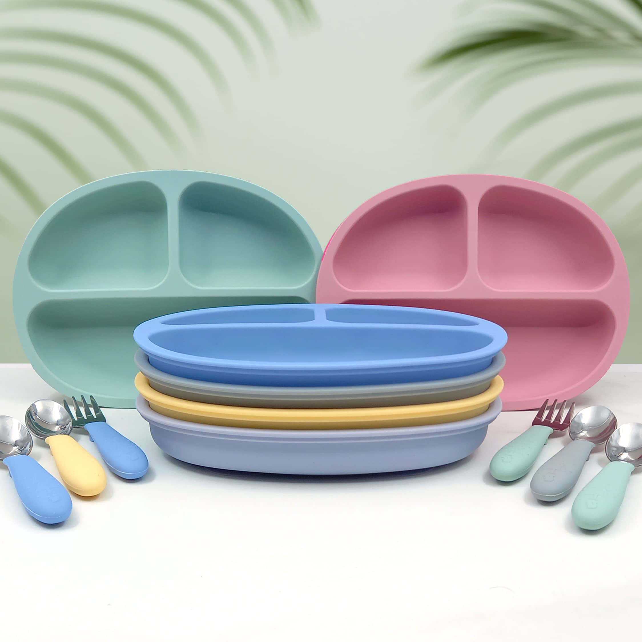 Elk and Friends Silicone Suction Baby Plate with Stainless Steel Utensils - 3 Pack Divided Toddler Feeding Set | BPA-Free, Non-Slip Base | Includes Forks & Spoons | Perfect for High Chairs, Travel & Mess-Free Meals