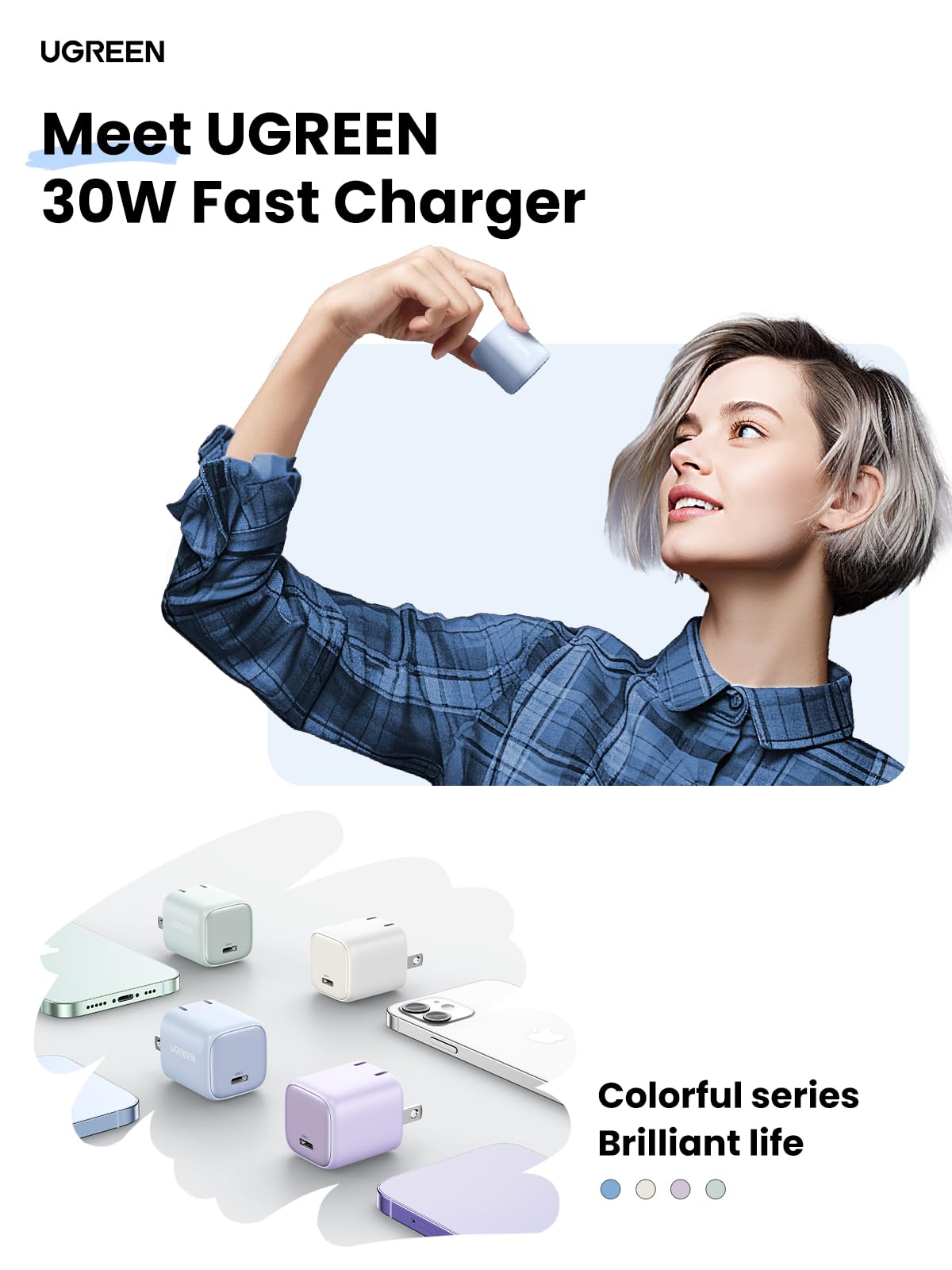 UGREEN 30W USB C GaN Fast Charger Block - Foldable Nexode Wall Charger for iPhone 16 Pro Max/15, Galaxy S24, Pixel 8/7, MacBook Air, iPad - Compact & Powerful Charging for Travel, Home & Office (Blue)