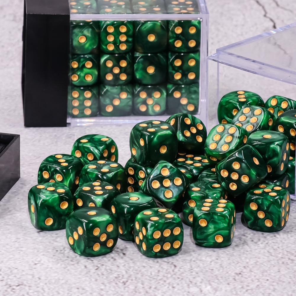 36-Pack 12mm Six-Sided Mini Dice Set - Pearl Pattern Game Dice for Yahtzee, Bunco, Math Teaching & Board Games | Includes Portable Plastic Storage Box (Green Pearl) | Perfect for Family Game Nights, Classroom Activities & Casino-Themed Parties