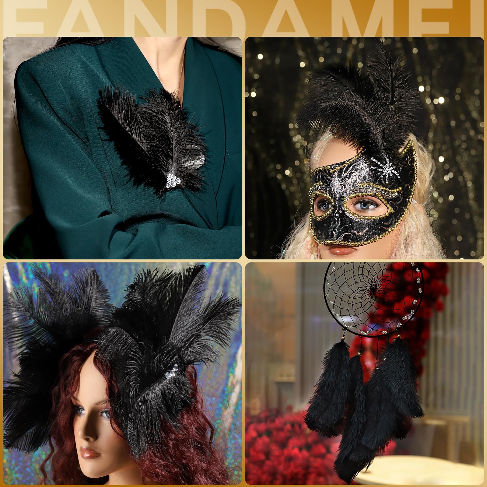FANDAMEI 20 Pcs Black Ostrich Feathers for DIY Crafts, Home Decor, and Party Decorations - 8-10 Inch (20-25cm) - Perfect for Wedding Centerpieces, Table Decor, and Event Styling