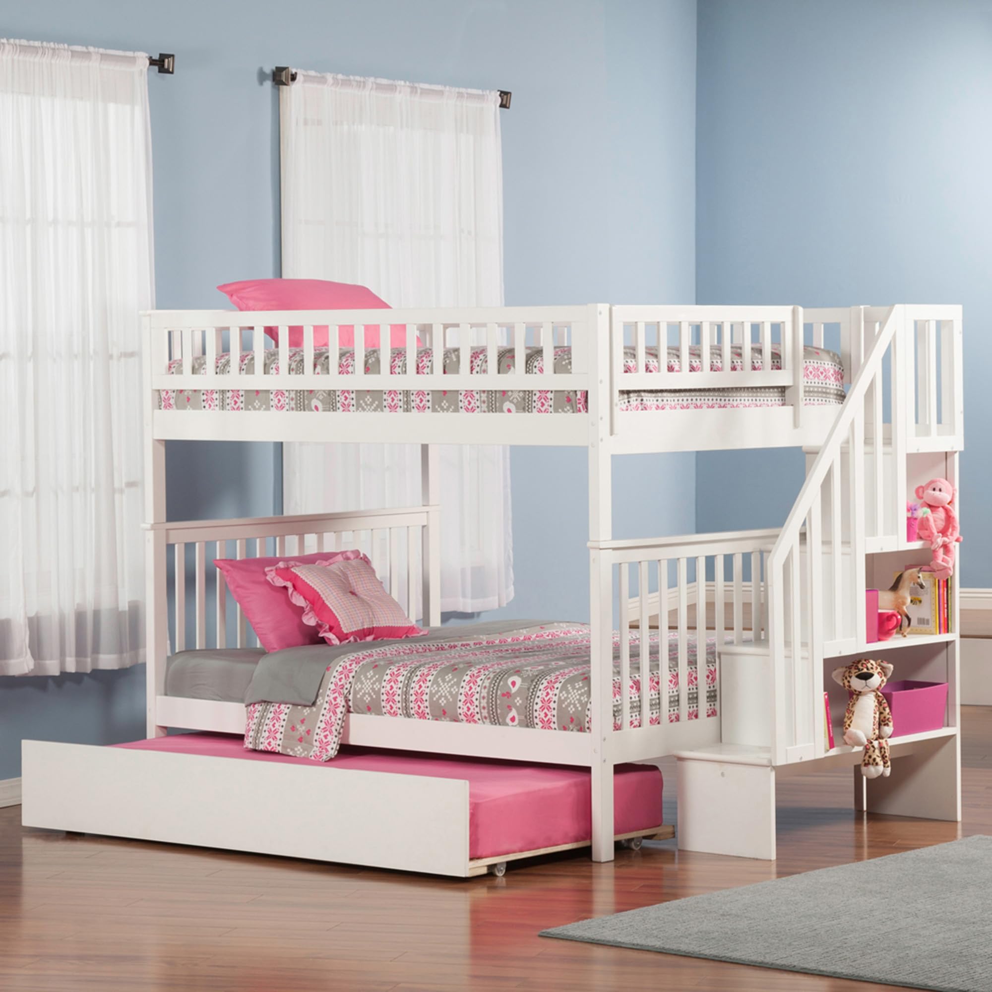 AFI Full Over Full Bunk Bed with Twin Trundle, Woodland Staircase Design, White - Space-Saving Kids Bedroom Furniture with USB Charger for Sleepovers & Small Rooms