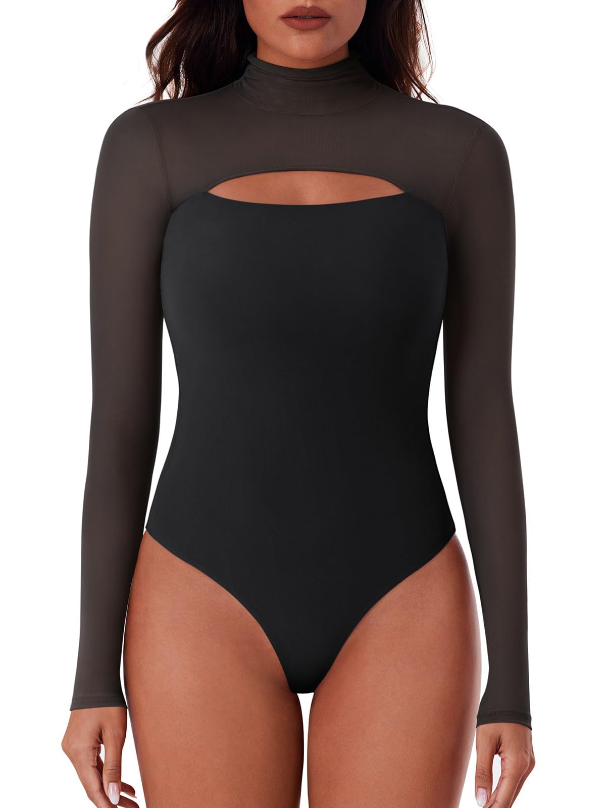 REORIA Women's Sexy Cutout Turtle Neck Long Sleeve Sheer Mesh Bodysuit - Trendy Fall Going Out Outfit for Club, Date Night & Party Wear