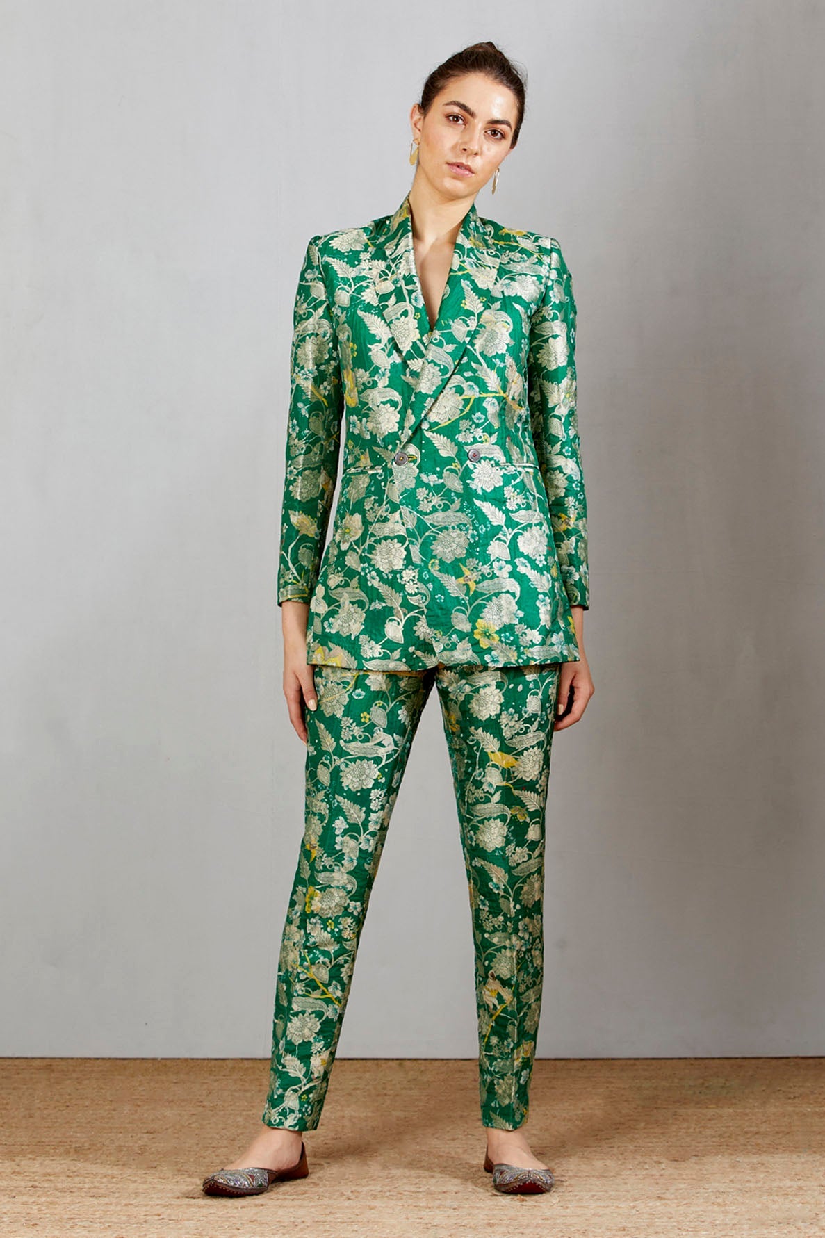 Luxury Double Breasted Blazer for Women - Green Silk Brocade Jacket - Perfect for Office Wear, Business Meetings & Formal Events
