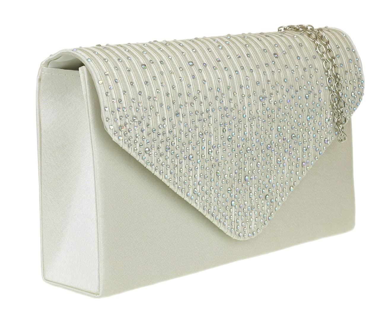 Elegant Pleated Satin Clutch Bag with Diamante Shoulder Chain - Women's Formal Evening Purse for Prom, Wedding, Party & Special Occasions