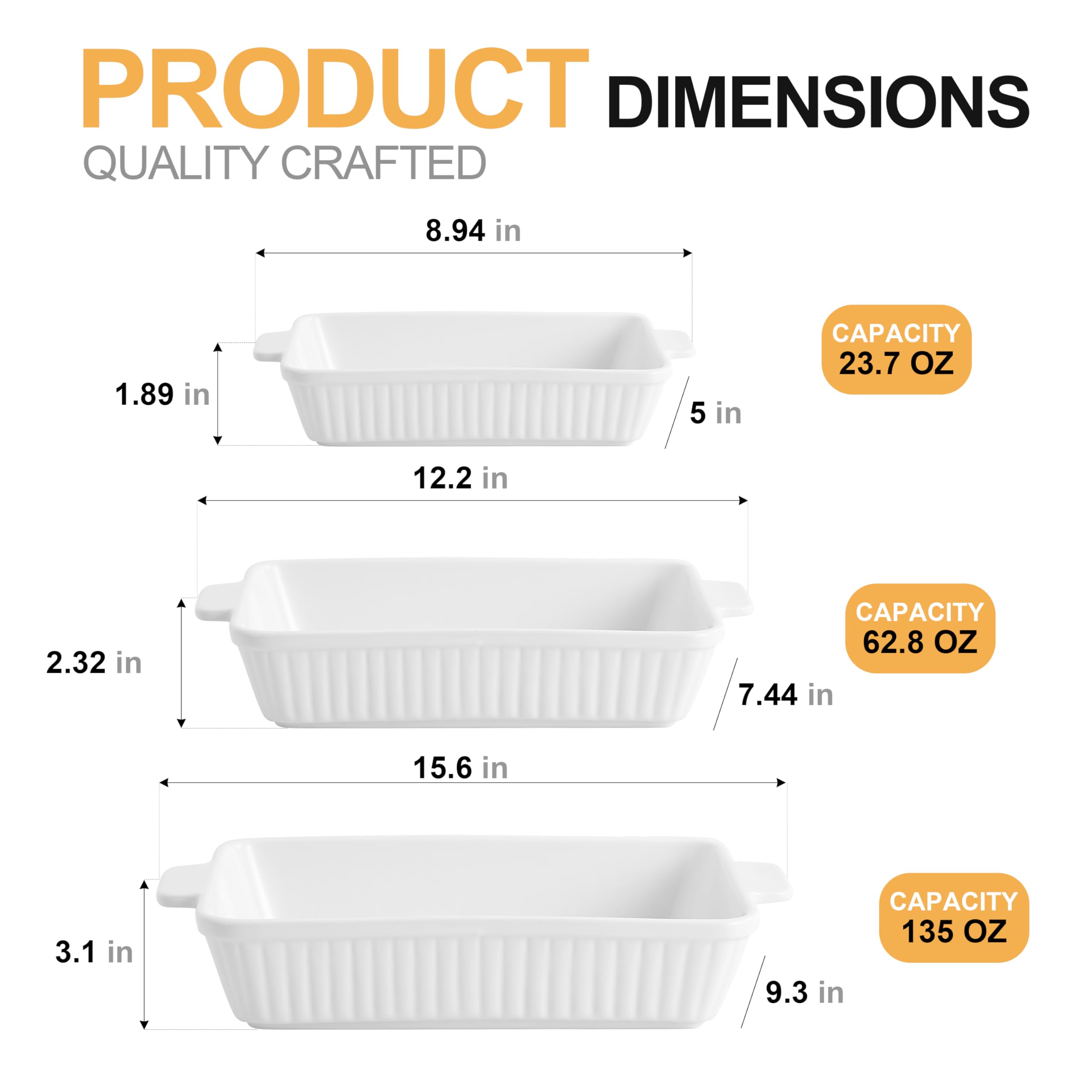 3-Piece Porcelain Casserole Dish Set - 13x9 Inch Rectangular Baking Pans with Handles, Oven-Safe Ceramic Bakeware for Lasagna, Cakes & More - Perfect for Family Dinners, Holiday Cooking & Meal Prep