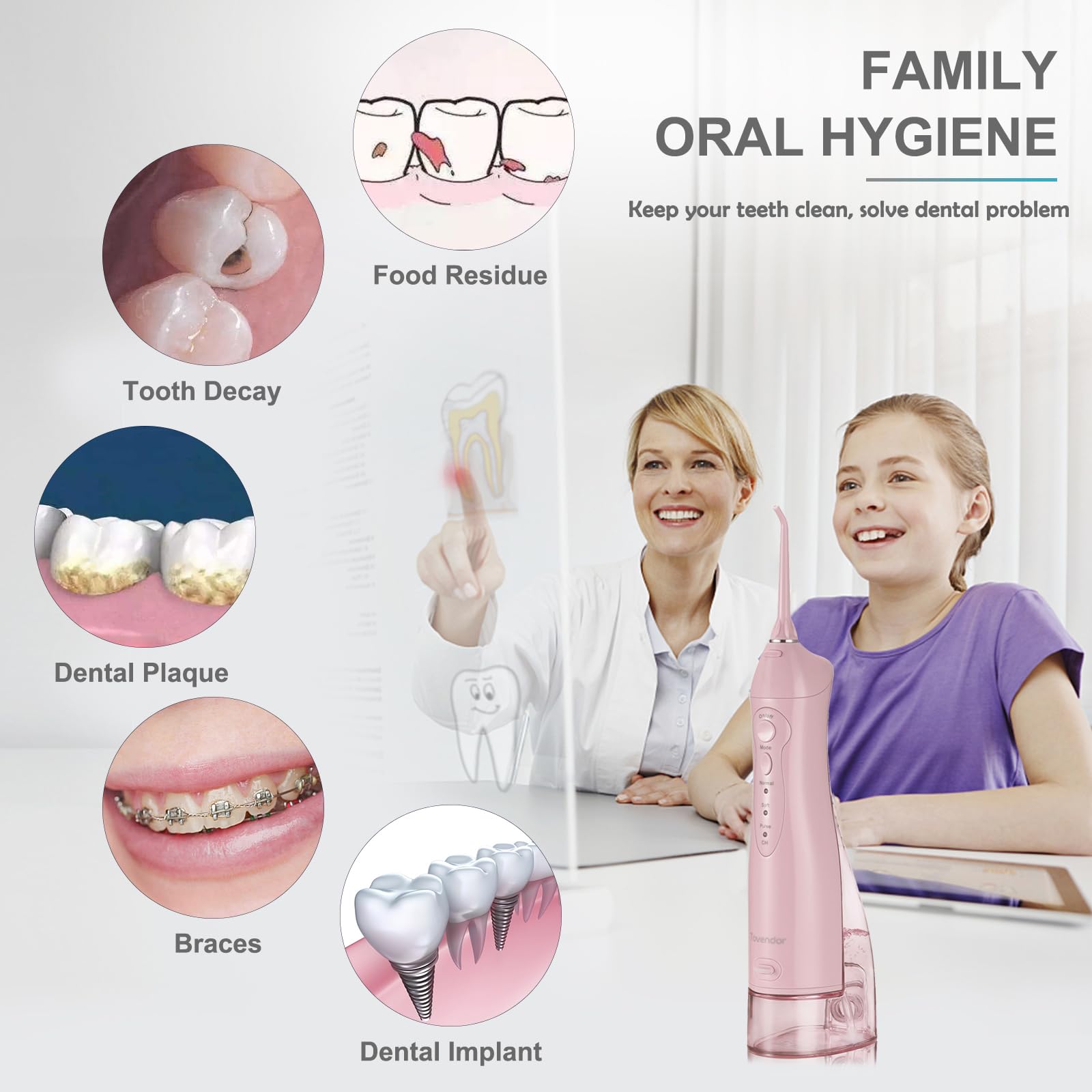 TOVENDOR Cordless Water Dental Flosser - 300ML Rechargeable Oral Irrigator with 5 Nozzle Tips, IPX7 Waterproof for Teeth Cleaning, Braces Care & Gum Health | Portable Travel Water Flosser for Home & Office Use