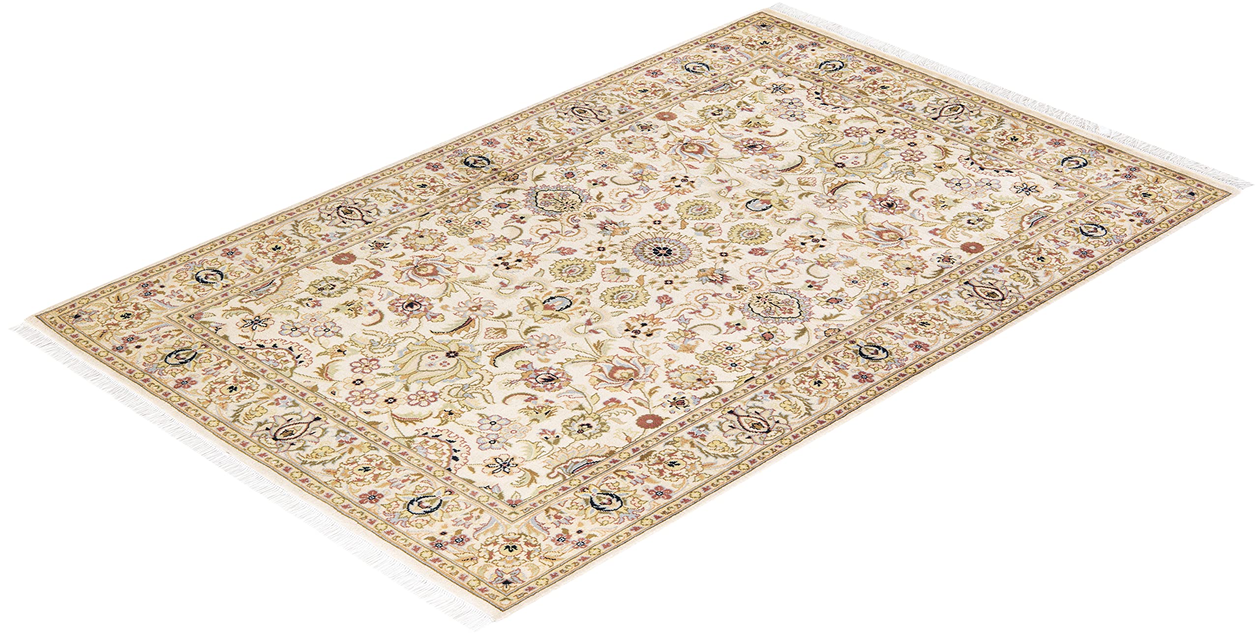 Handmade Wool Oriental Mogul Ivory 4x6 Area Rug - Traditional Hand-Knotted Solo Rugs for Living Room, Bedroom & Dining Room Decor