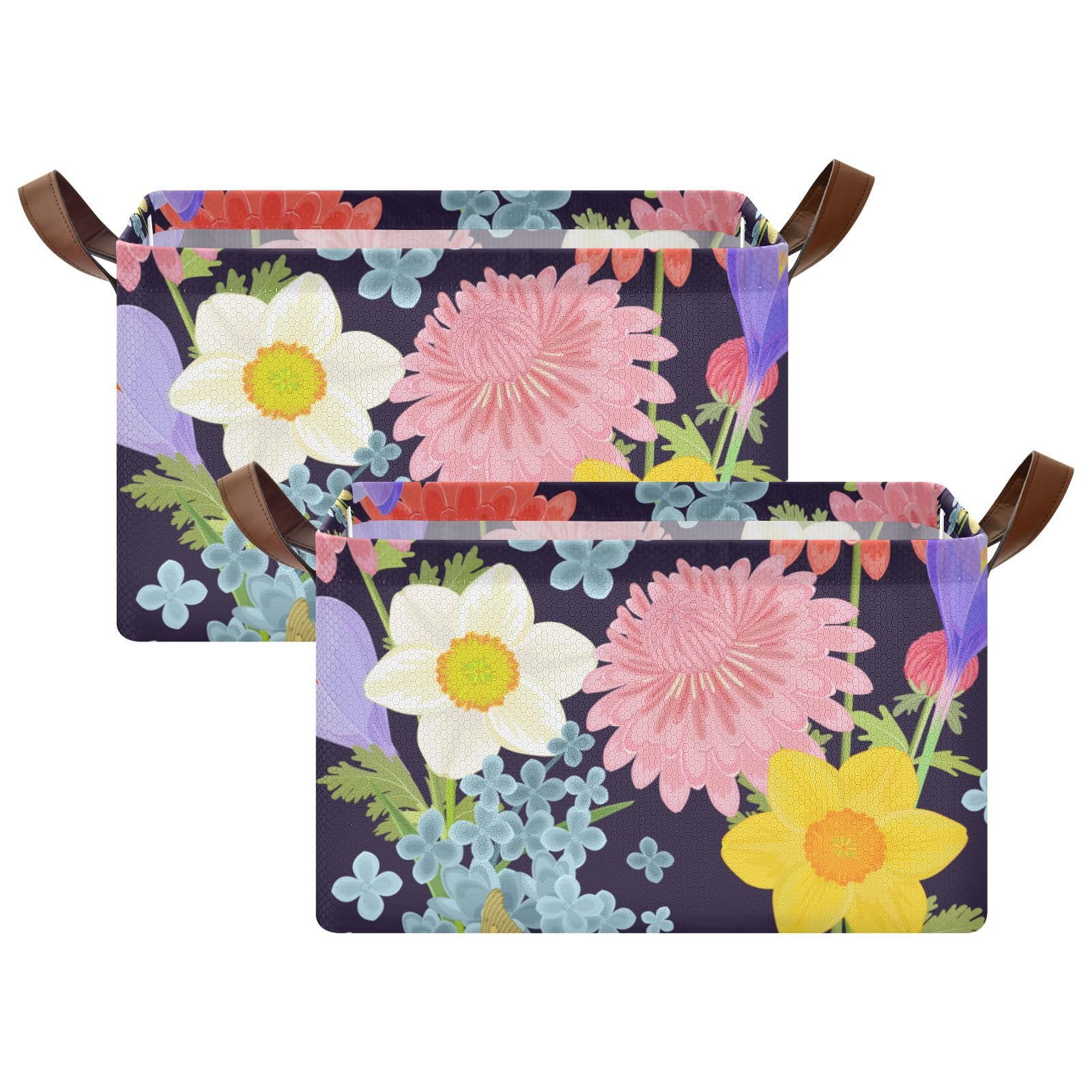 Bright Floral Pattern Storage Bins with Handles - 2 Pack Closet Organizer for Clothes, Jeans, Books | Versatile Home & Office Storage Solution for Bedroom, Bathroom, and Kids Room Organization