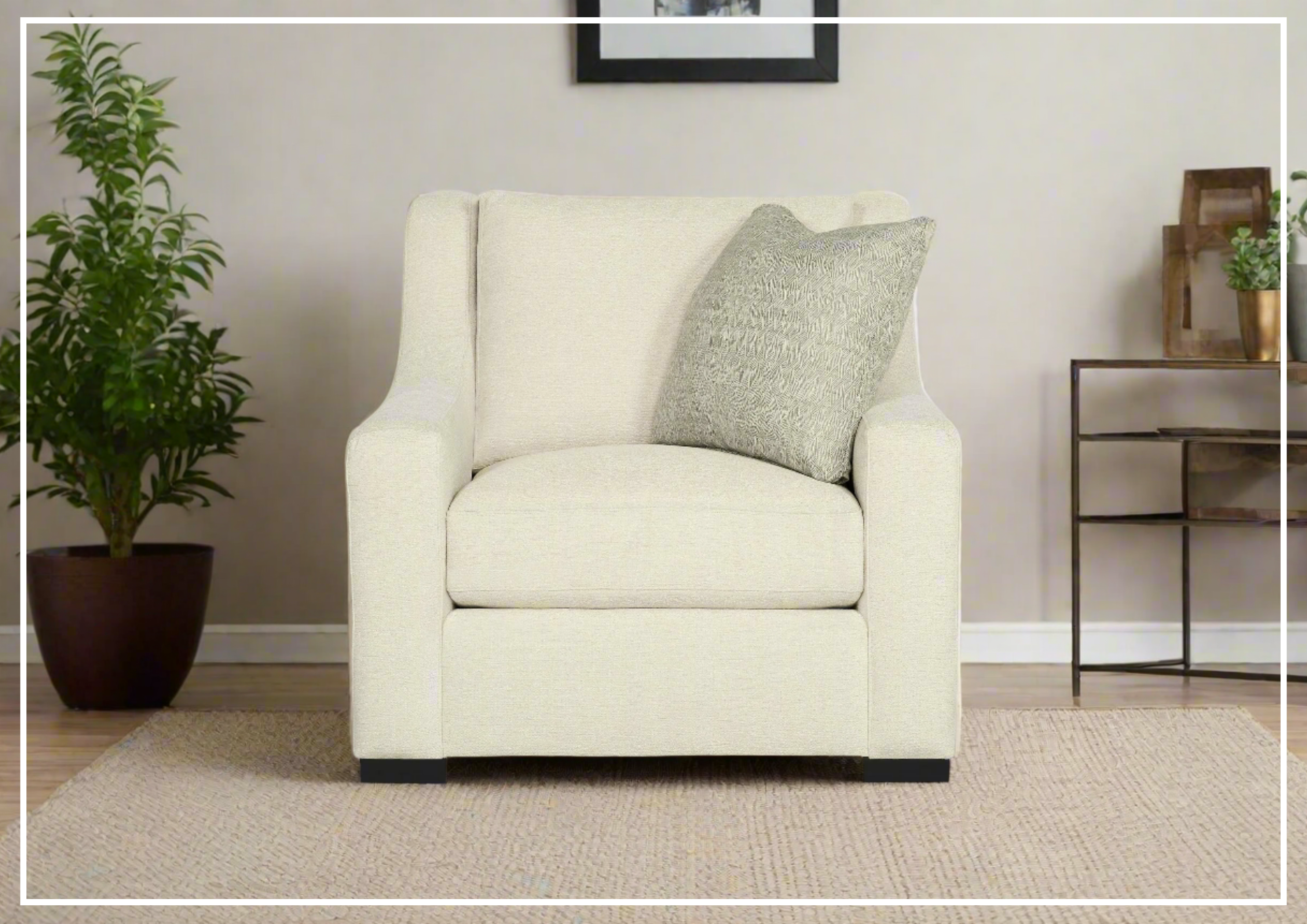 Bernhardt Germain Cream Fabric Chair with Square Arms - Modern Upholstered Living Room Seating for Home, Office & Lounge