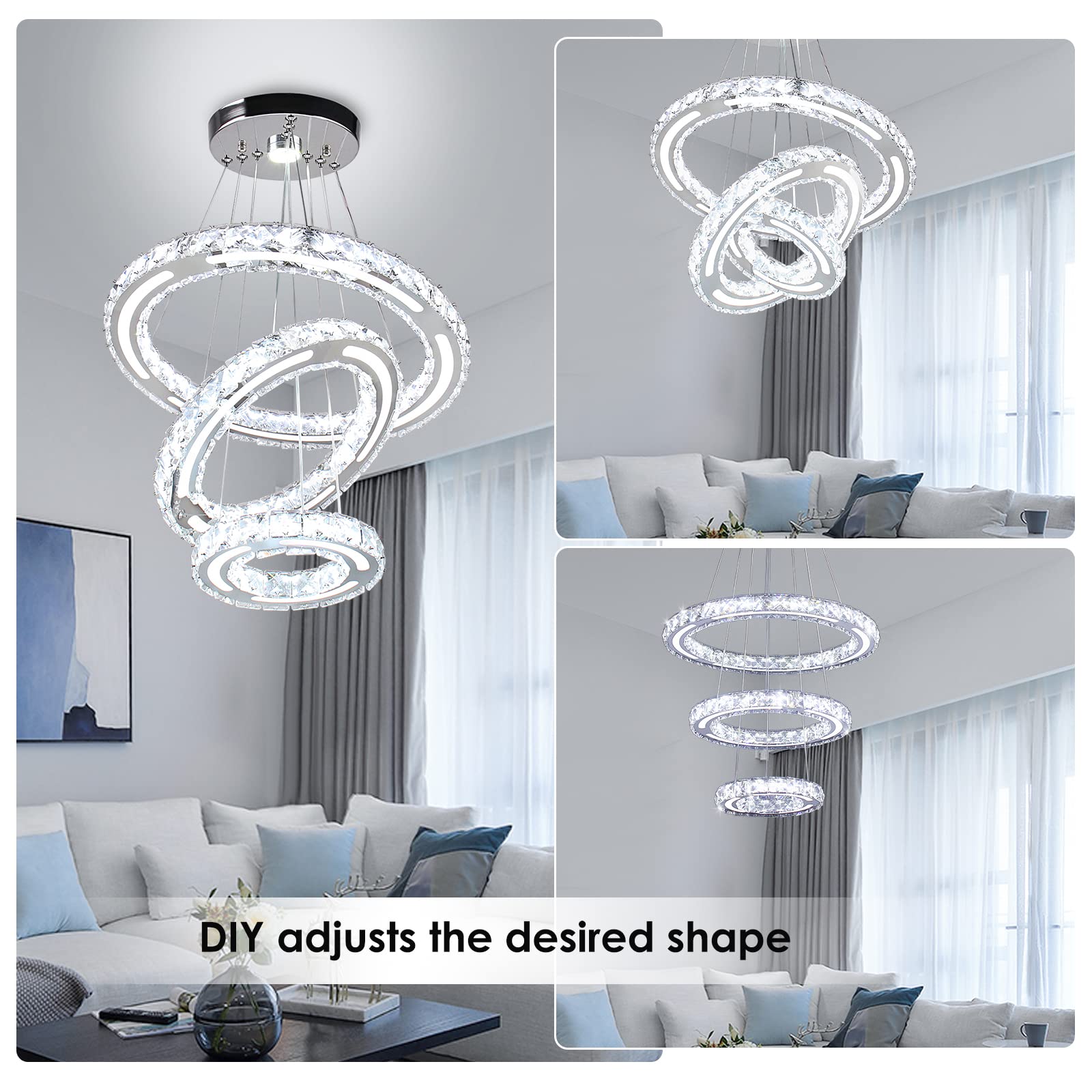 Modern Crystal Chandelier - 3 Ring Dimmable LED Ceiling Light Fixture with Remote Control for Kitchen, Dining Room, Living Room & Bedroom | Elegant Home Lighting for Weddings, Restaurants and Luxury Interiors