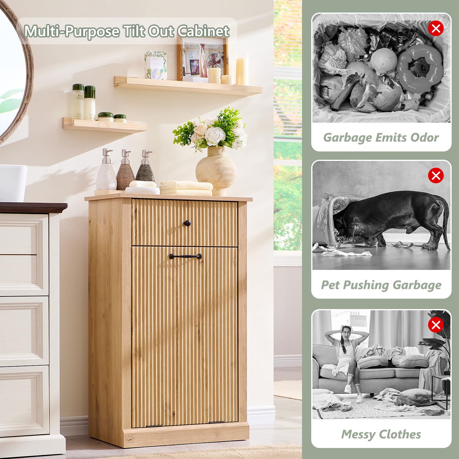 Modern Tilt-Out Trash Can Cabinet 10 Gallon - Wooden Hidden Garbage Bin with Fluted Laundry Hamper & Storage Drawers - Freestanding Kitchen & Living Room Organizer - Natural Oak Finish - Perfect for Small Spaces, Apartments & Home Organization