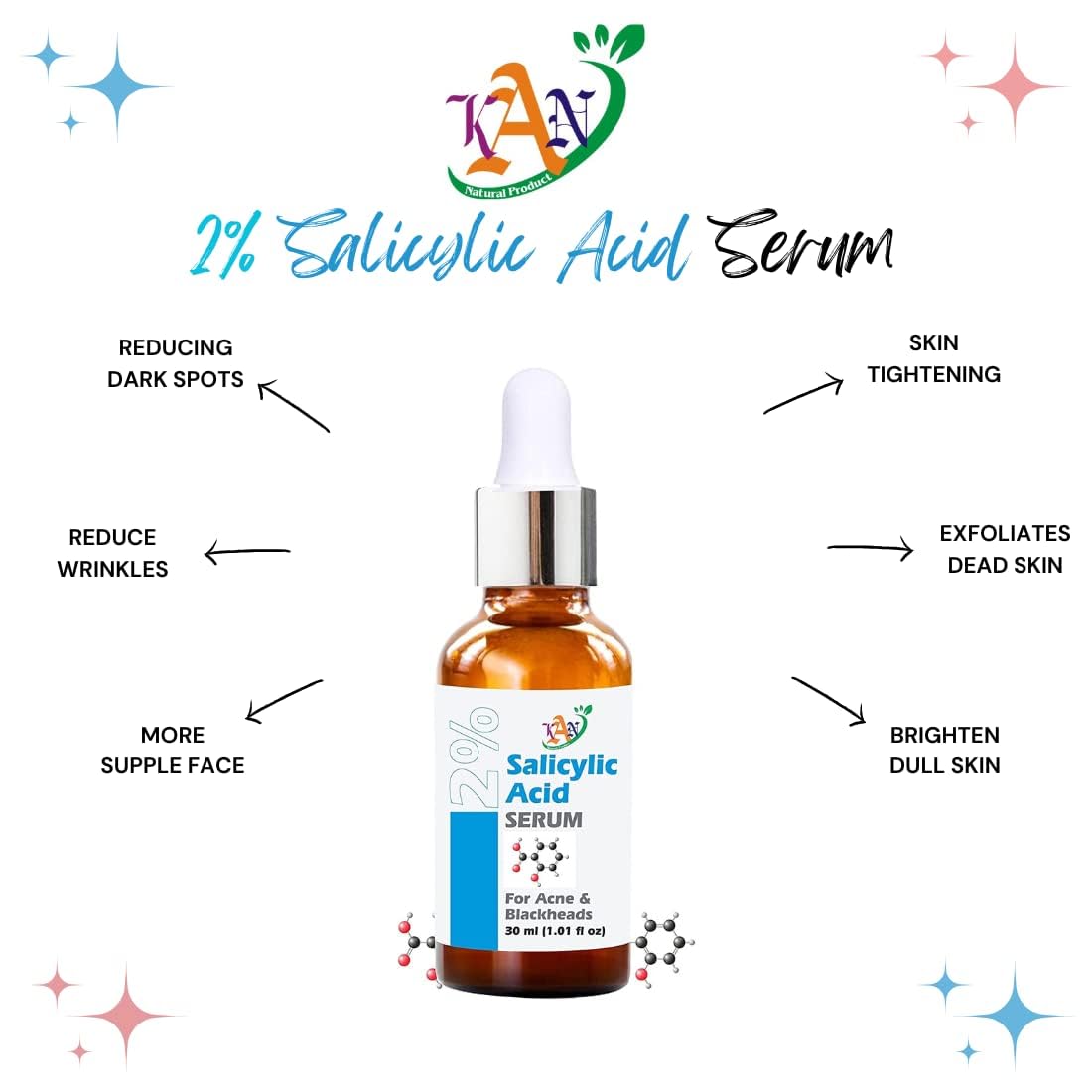 Kan Natural 2% Salicylic Acid Face Serum for Acne, Blackheads & Oil Control - Gentle Exfoliating Serum for Oily & Acne-Prone Skin - Suitable for Women & Men, 30ml - Perfect for Daily Skincare Routine & Blemish Treatment