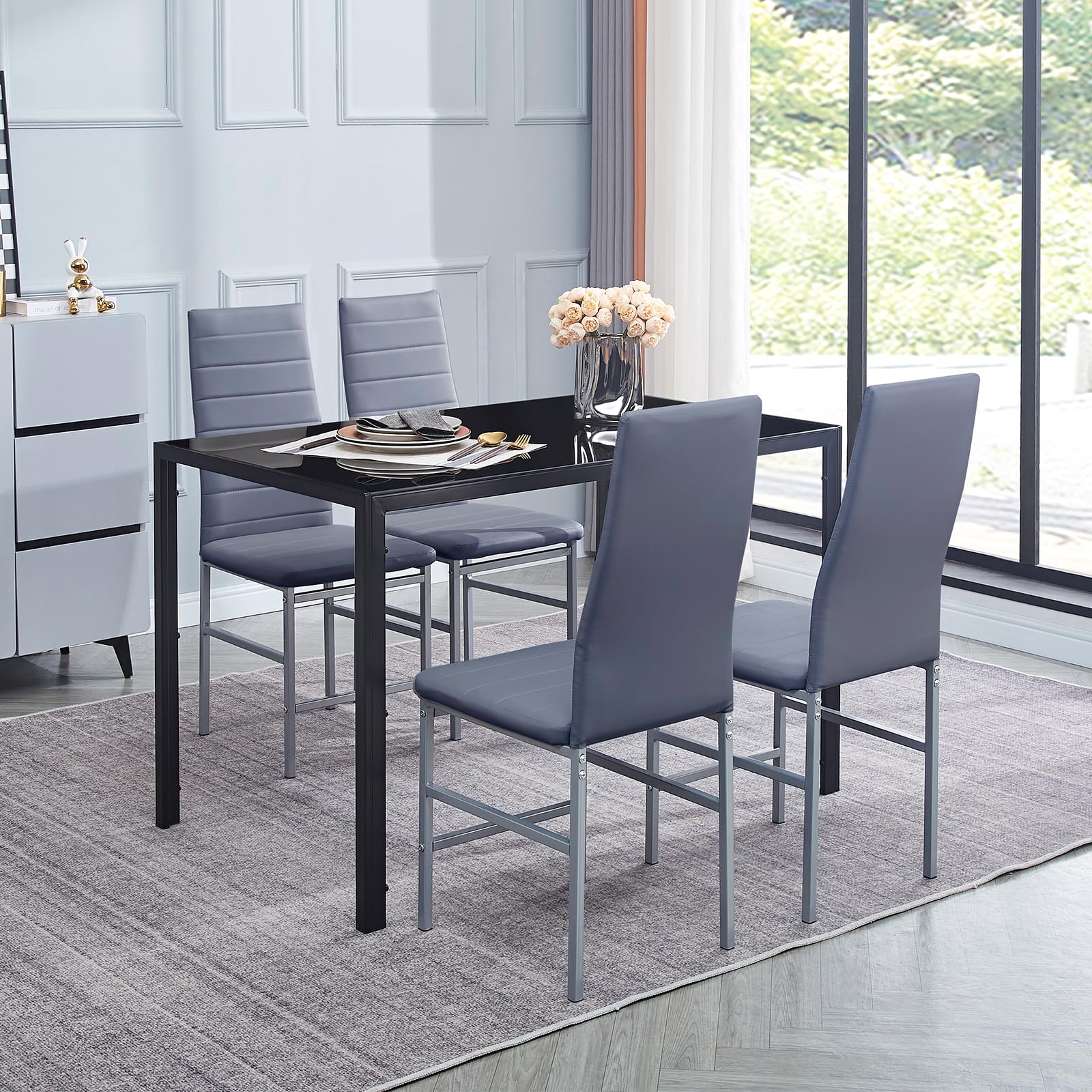 5-Piece Dining Table and Chair Set - Rectangular Glass Table with 4 PU Chairs (Black Table/Gray Chairs) - Perfect for Small Kitchens, Breakfast Nooks & Compact Dining Spaces