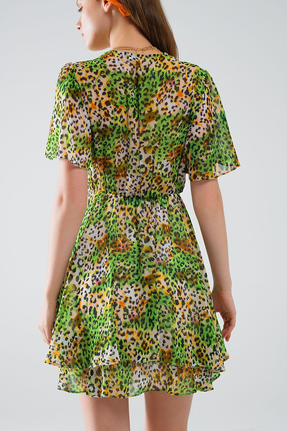 Women's Short Green Multicolor Robe with Animal Print Cross Top - Perfect for Loungewear, Beach Cover-Up, and Casual Outfits