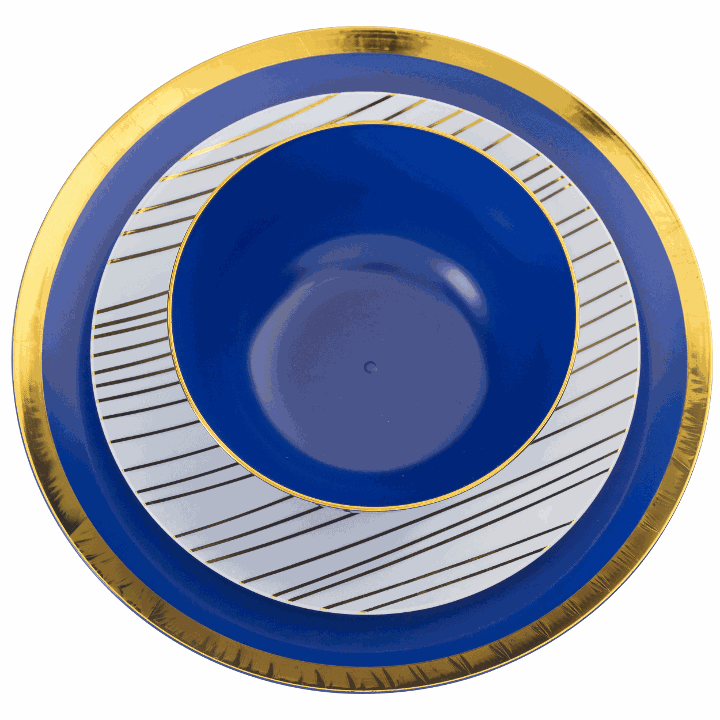 Elegant Blue and Gold Round Plastic Plates - 12-Pack Disposable Dinner Plates for Parties, Weddings, and Special Events - Durable and Stylish Tableware for Celebrations