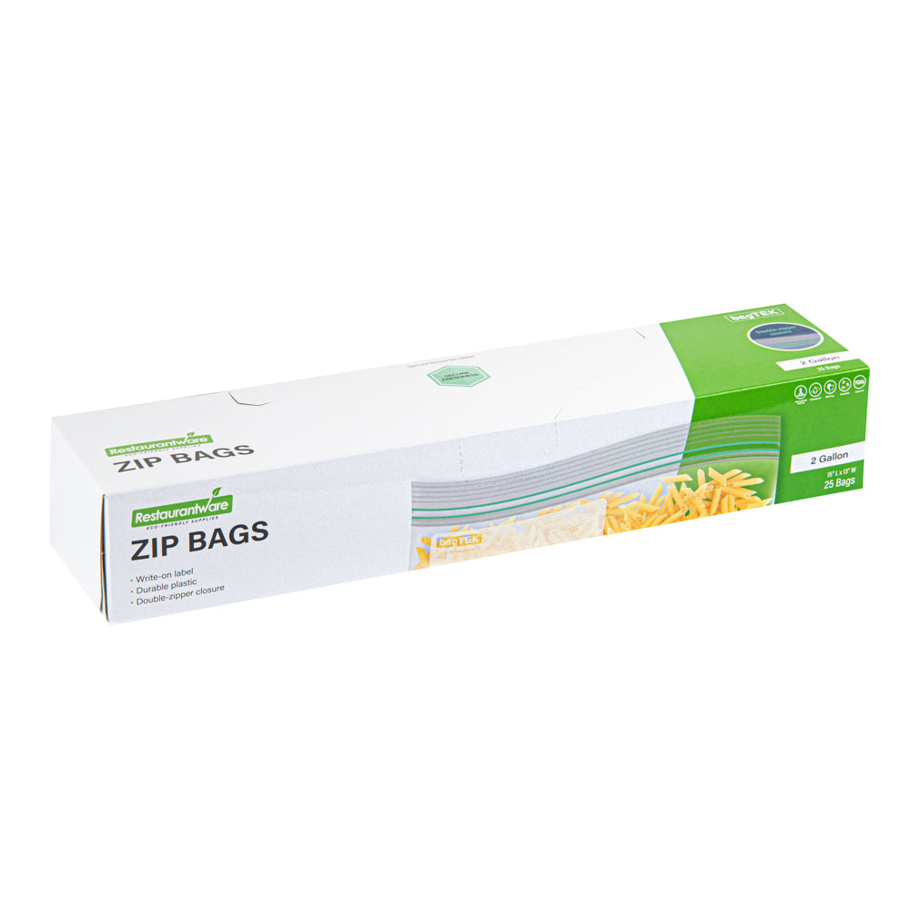 Bag Tek 2 Gallon Clear Plastic Zip Bags with Double Zipper - BPA Free, Write-On Label (15 x 13 Inches) - 25 Count Box - Perfect for Food Storage, Travel Organizing & Craft Supplies