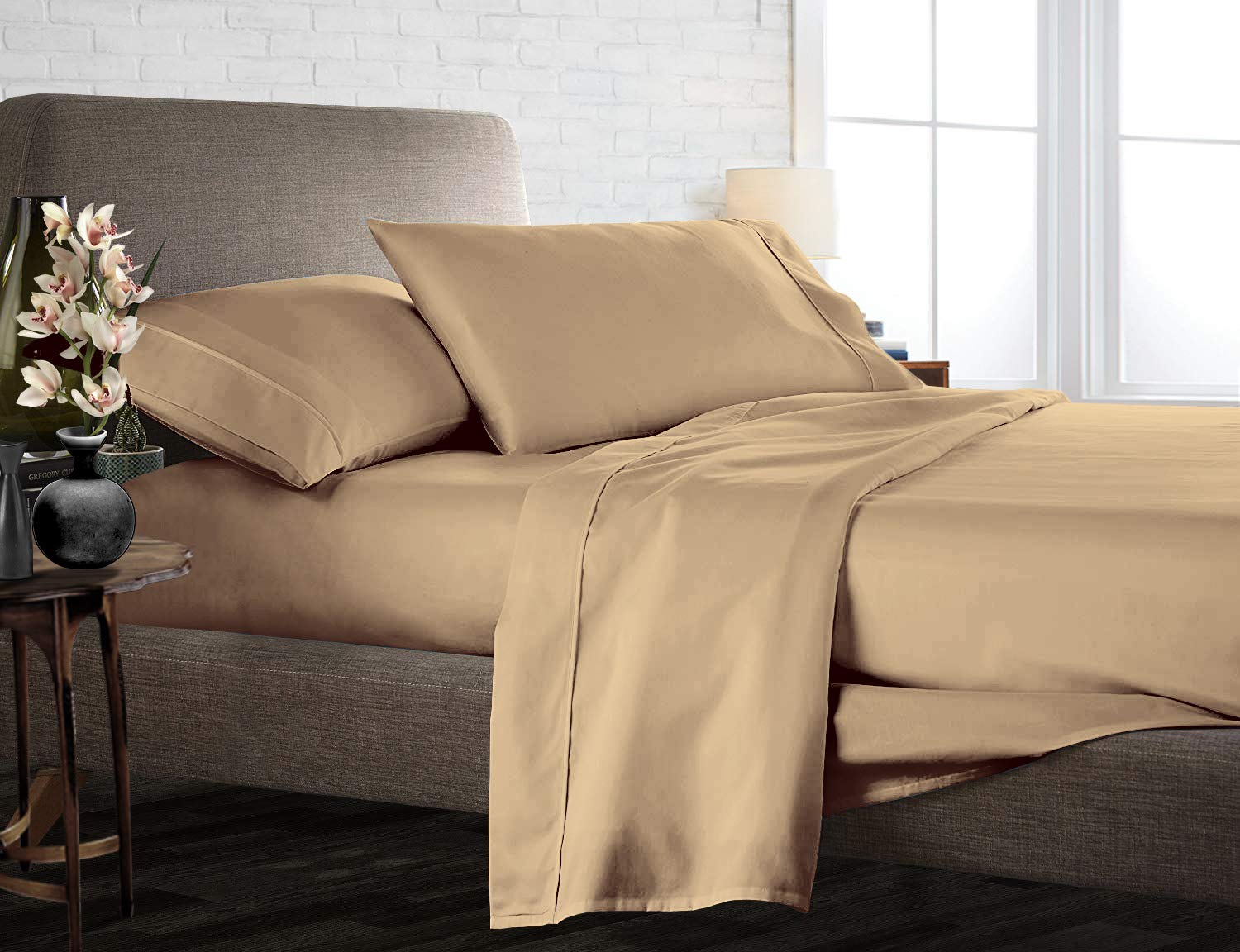 Luxury 850-Thread-Count 100% Egyptian Cotton Bed Sheet Set - 4-Piece King Size Taupe Solid Sheets for Deep Pocket Mattress Up to 18