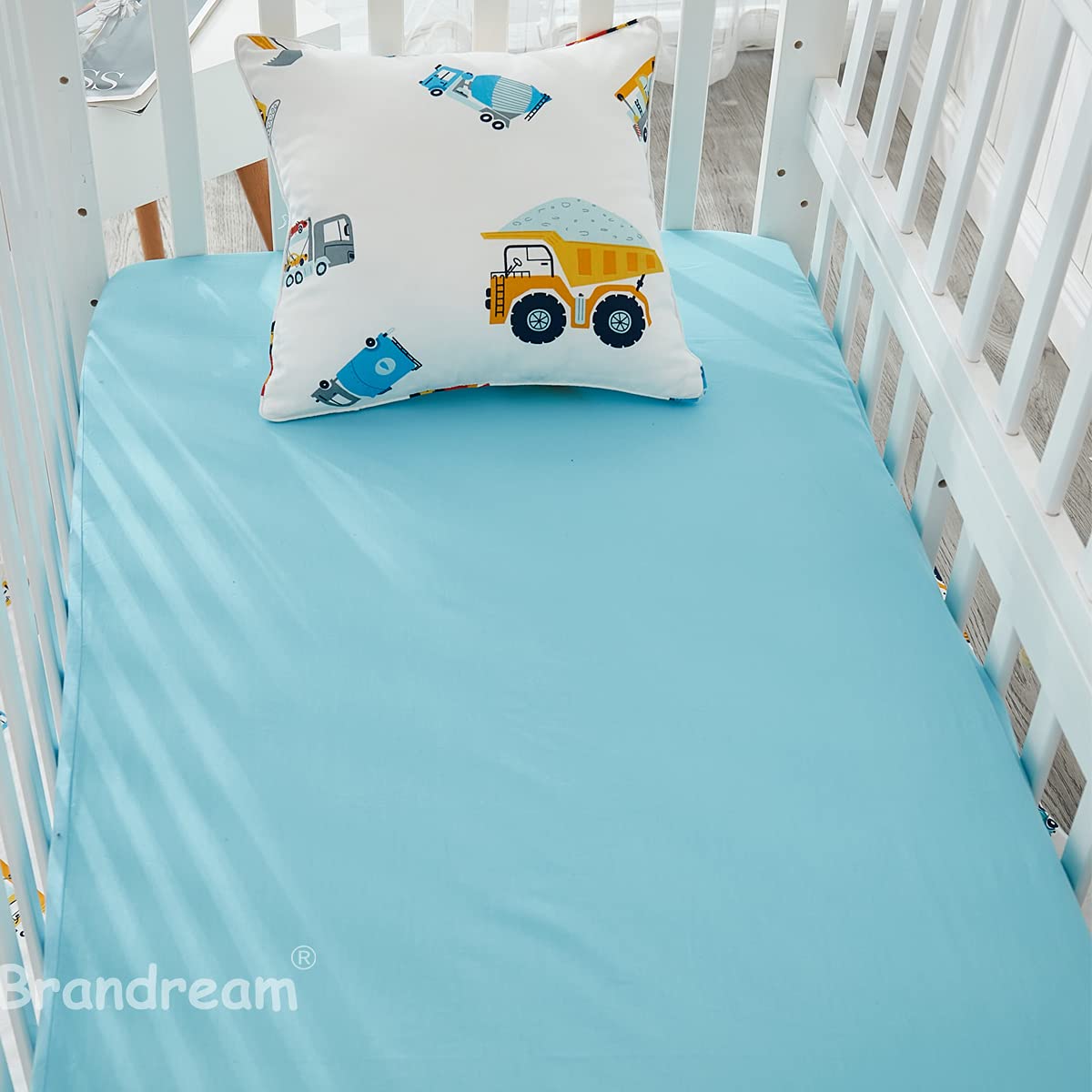 Brandream Boys Construction Truck Nursery Bedding Set - 3 Piece Cotton Crib Set with Comforter, Fitted Sheet & Bed Skirt | Excavator, Vehicle Theme in Blue, Yellow, Red & White | Perfect for Baby Showers, Nursery Decor & Toddler Rooms