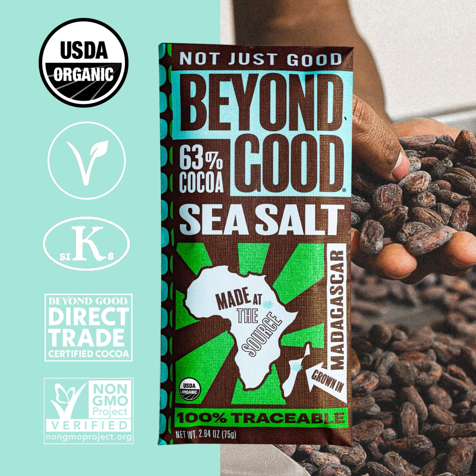 Beyond Good Organic Dark Chocolate Bars 6-Pack | 63% Single Origin Madagascar Heirloom Cacao | Vegan, Kosher, Non-GMO, Direct Trade | Perfect for Gifts, Baking & Healthy Snacking