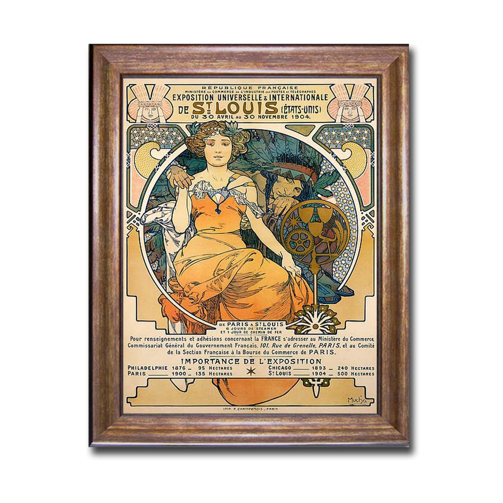 Alphonse Mucha 1904 St. Louis World's Fair Art Print - Premium Bronze Framed Canvas Wall Decor (18x14 Inches, Ready to Hang) - Perfect for Living Room, Office & Vintage Home Decor
