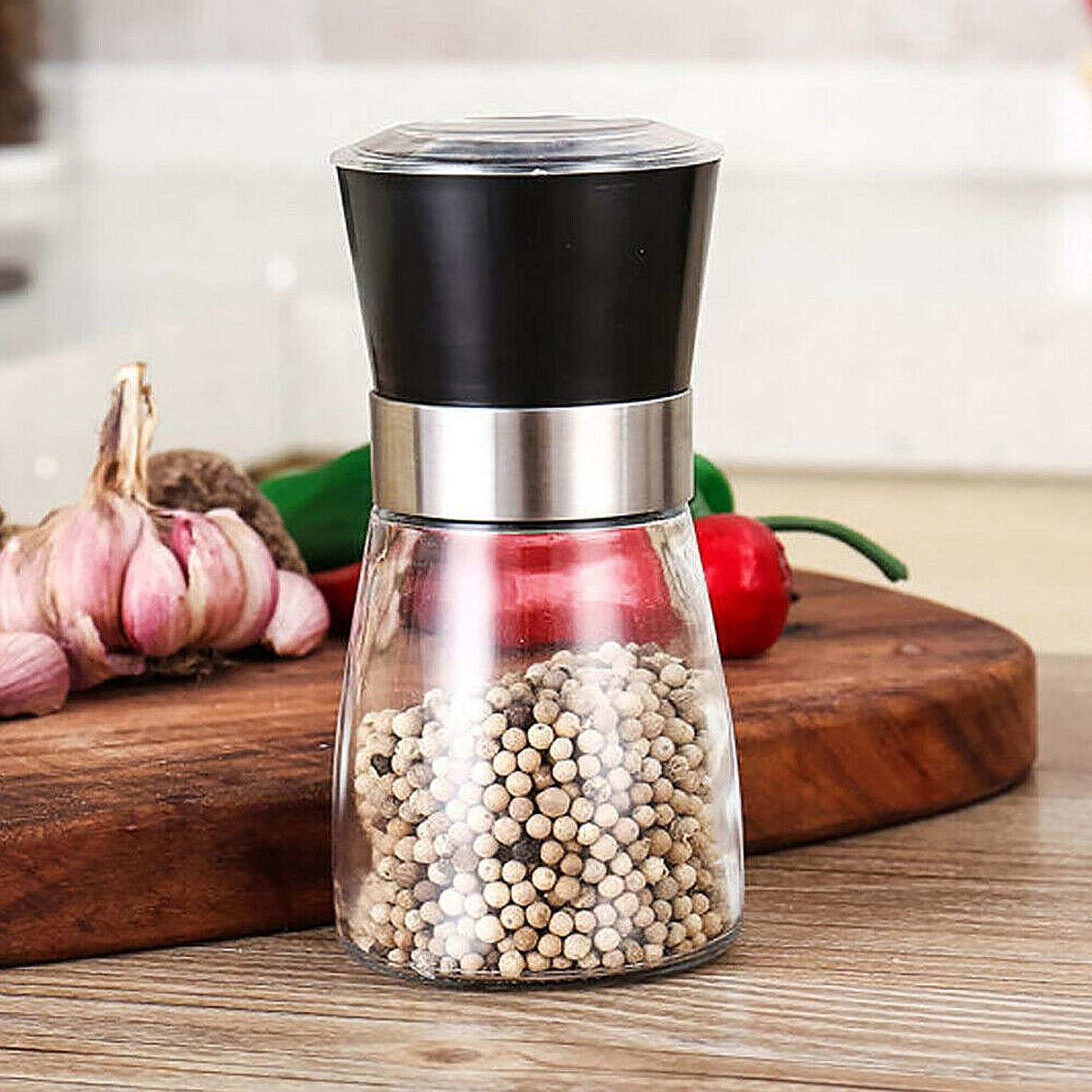 Premium Manual Salt and Pepper Grinder Set - Adjustable Ceramic Core Refillable Glass Spice Mill with Airtight Stainless Steel Lid | 5.1-Inch Compact Design for Freshly Ground Seasonings | Perfect for Kitchen, Dining Table, Camping & Gifts