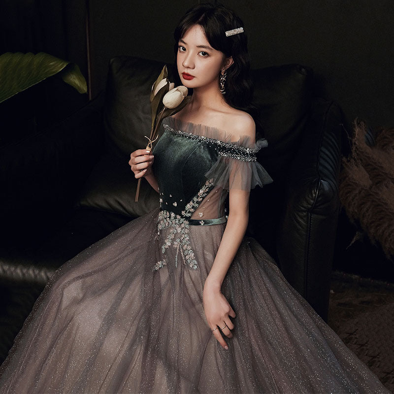 Elegant Off Shoulder Dark Green Velvet Prom Dress with Shiny Tulle Skirt - A-Line Evening Gown for Homecoming, Wedding Guest & Formal Events (Style 708)