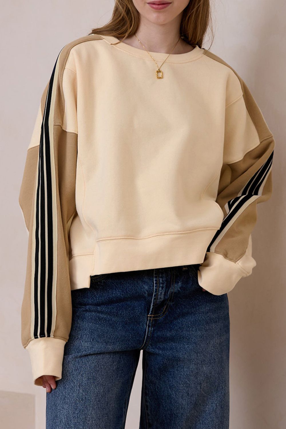 Cozy Beige Long Sleeve Sweatshirt for Women - Soft Fleece Pullover with Thumb Holes | Perfect for Fall Layering, Casual Outfits & Lounge Wear