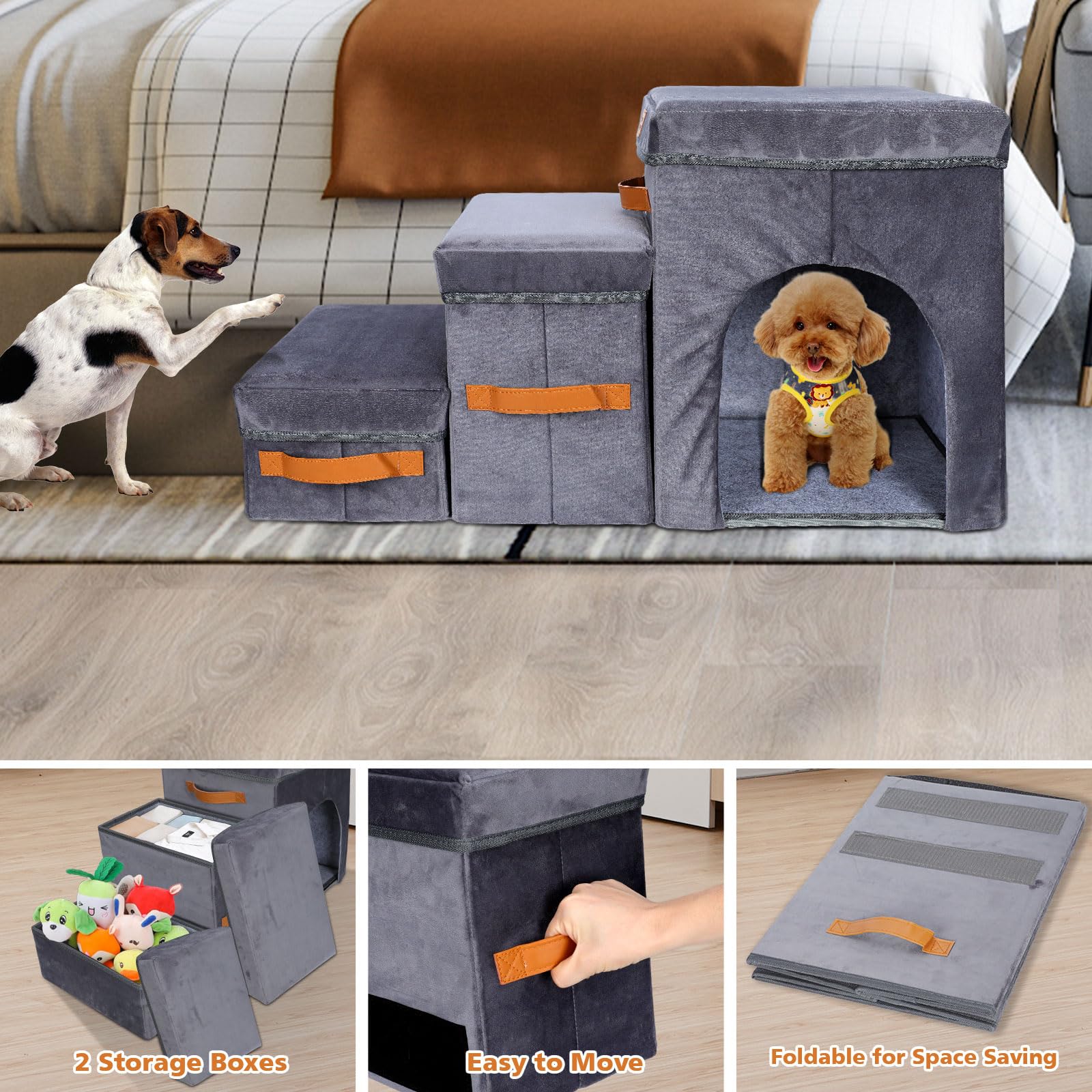Topmart 3-Step Foldable Dog Stairs for Small & Senior Pets - Lightweight Pet Ramp with Storage Boxes & Dog Condo - Perfect for Beds, Couches & Cars - Helps Injured, Elderly & Short-Legged Dogs Climb Safely